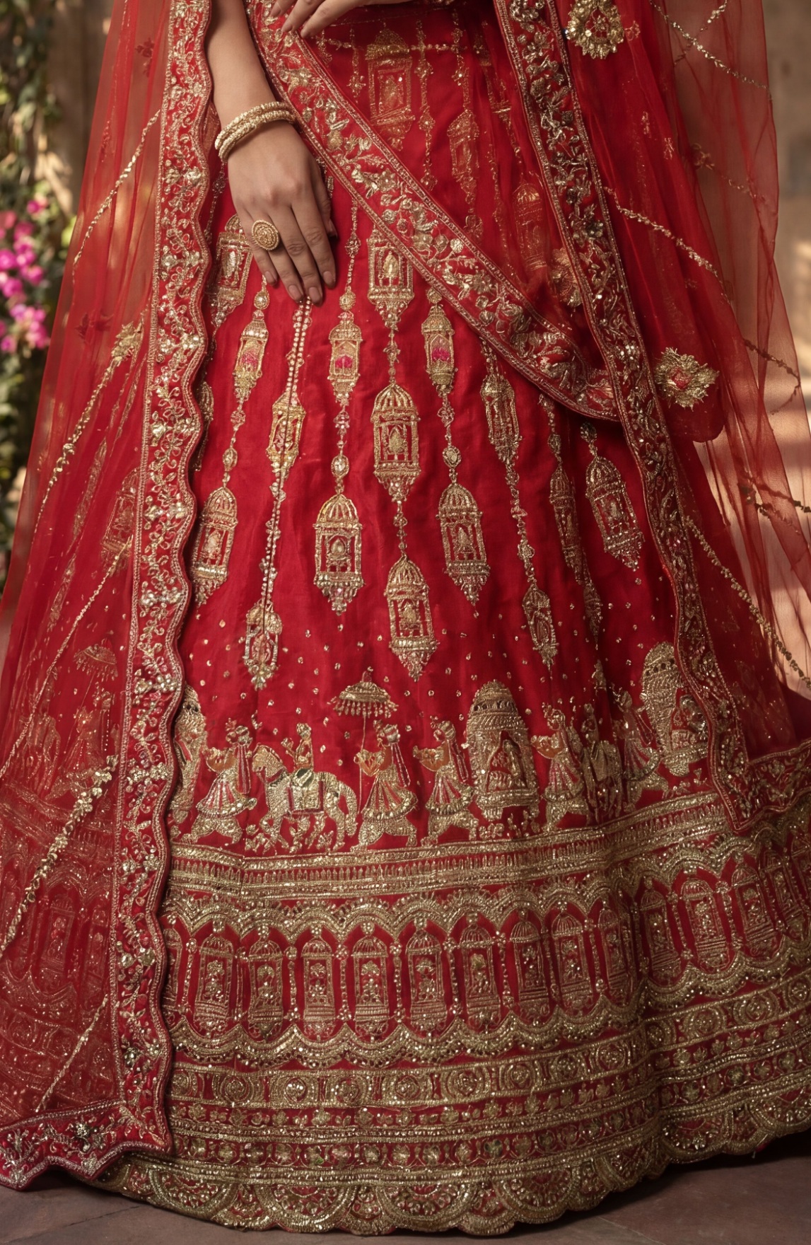 Red Heritage Embroidered Silk Lehenga