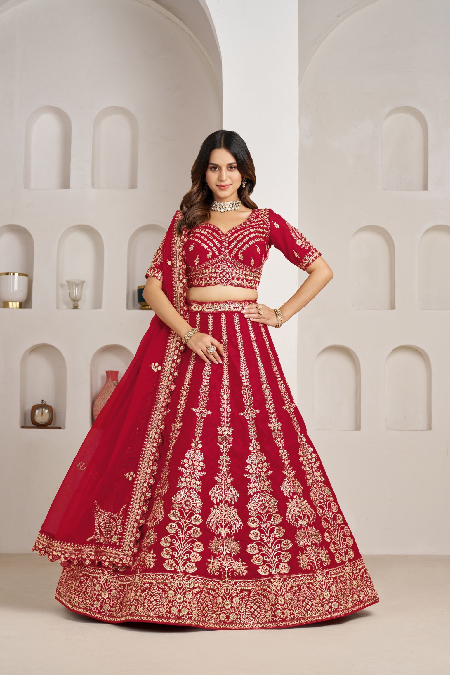 Red Heritage Embroidery Silk Panelled Lehenga Choli