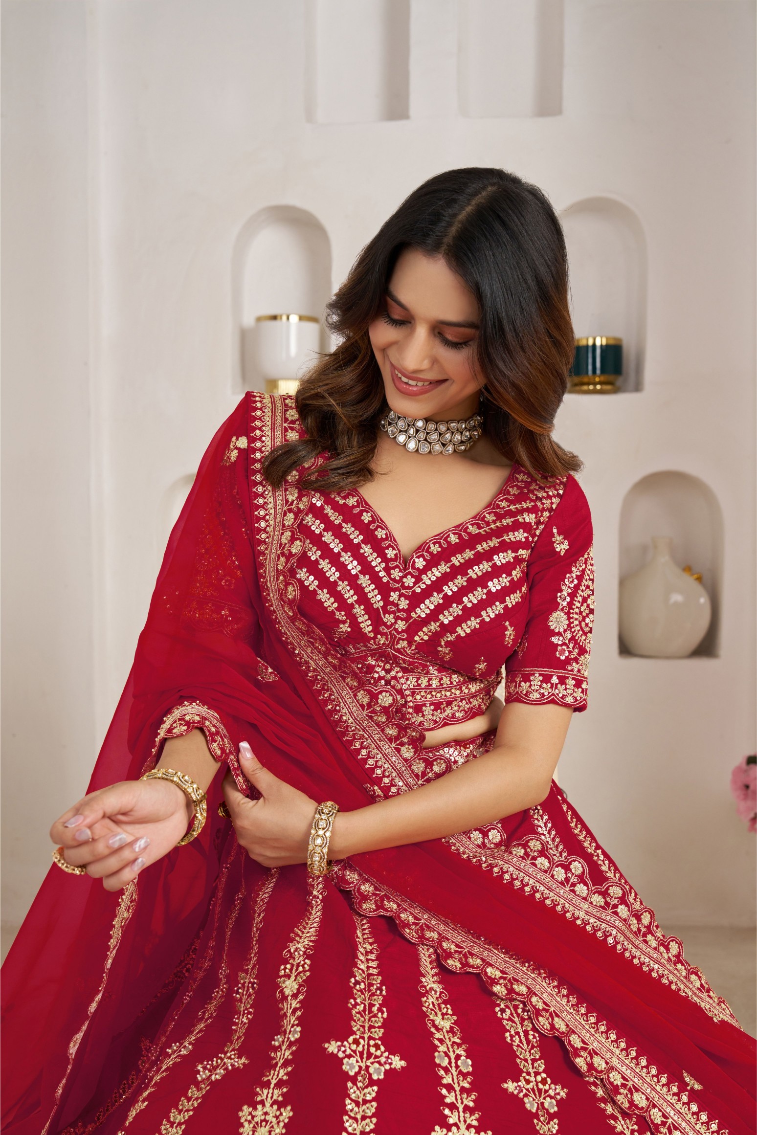 Red Heritage Embroidery Silk Panelled Lehenga Choli