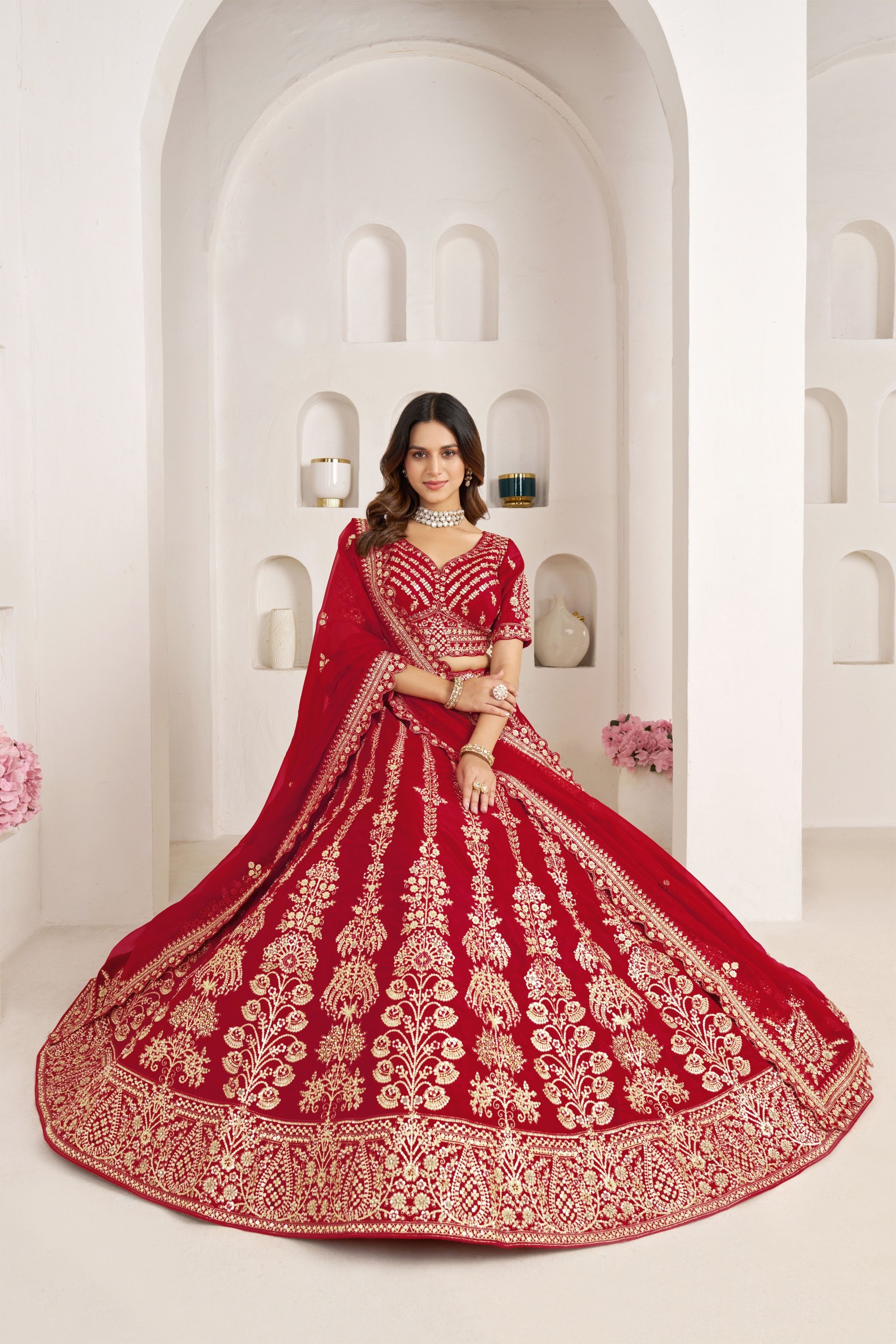 Red Heritage Embroidery Silk Panelled Lehenga Choli