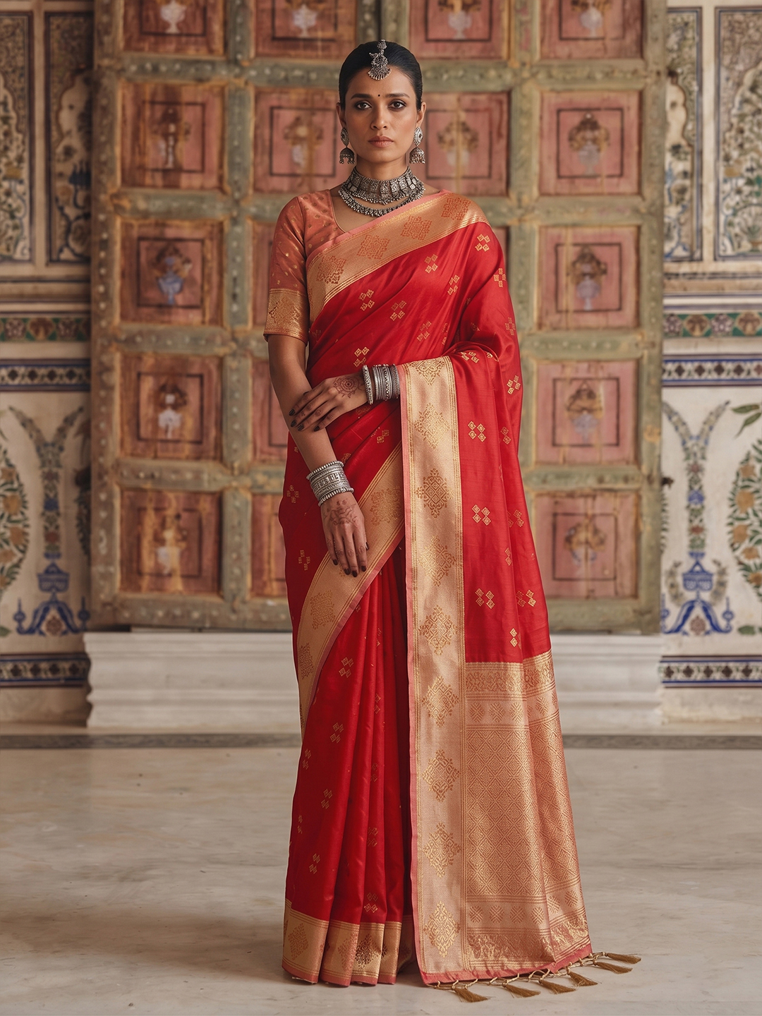 Red Heritage Sequence Fendy Satin Saree