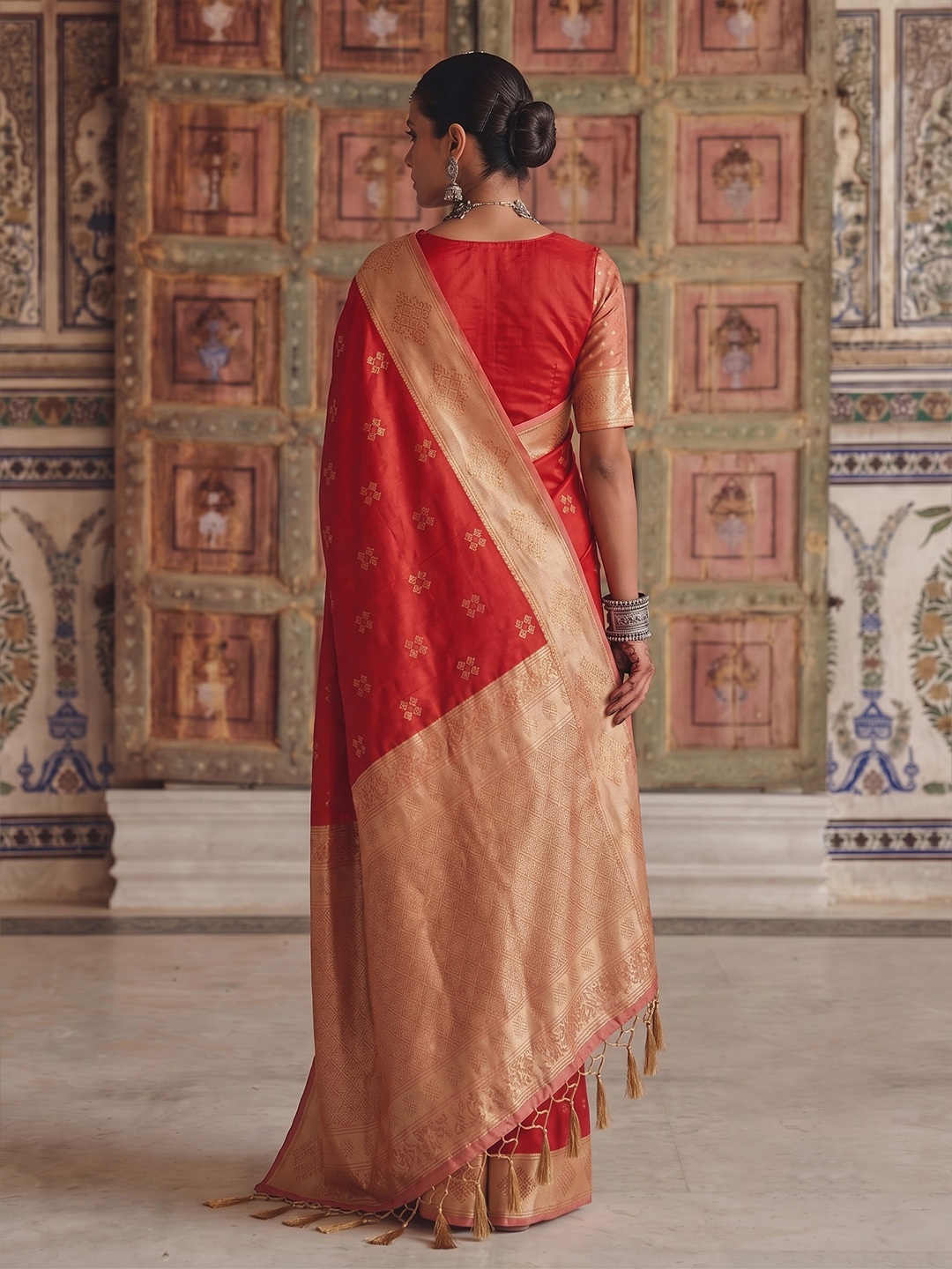 Red Heritage Sequence Fendy Satin Saree — alternate view