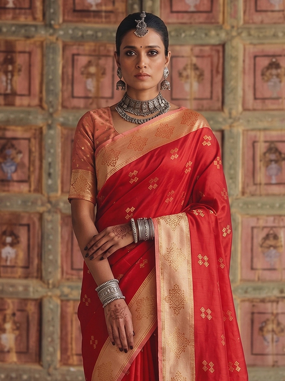 Red Heritage Sequence Fendy Satin Saree