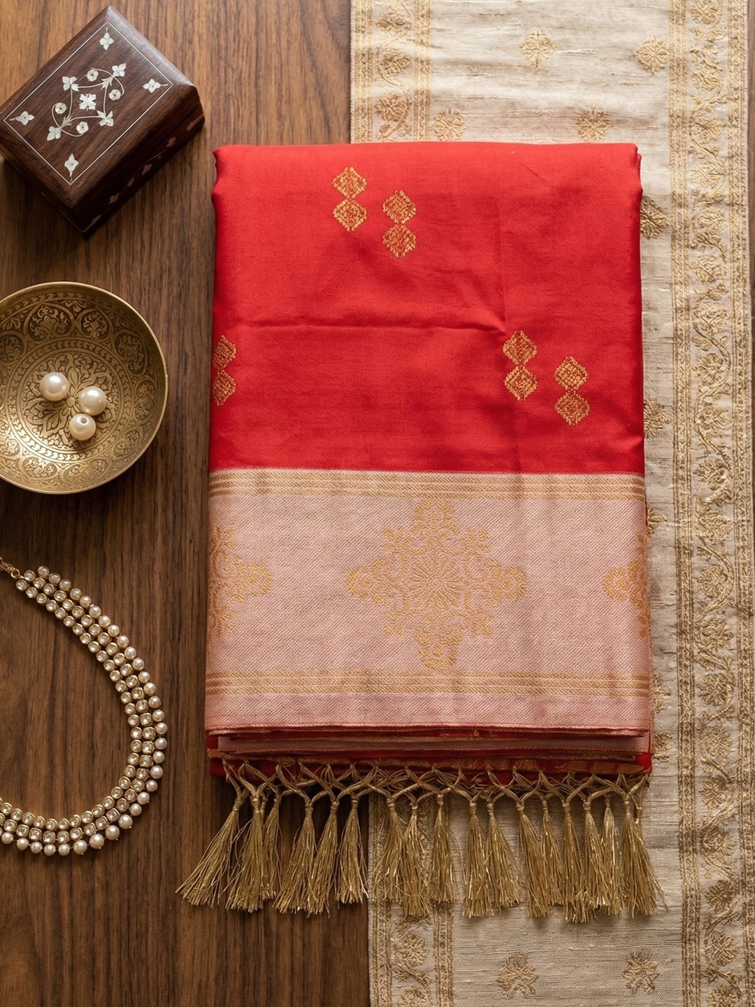 Red Heritage Sequence Fendy Satin Saree