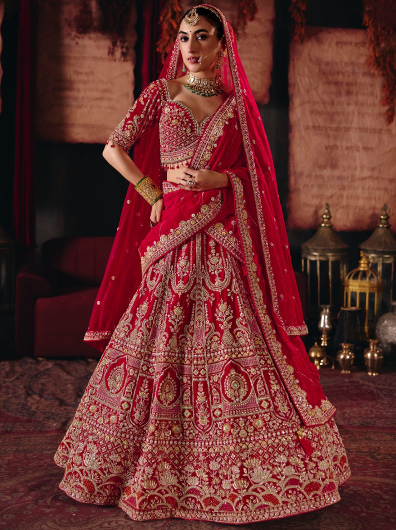 Red Heritage Silk Panelled Lehenga Choli