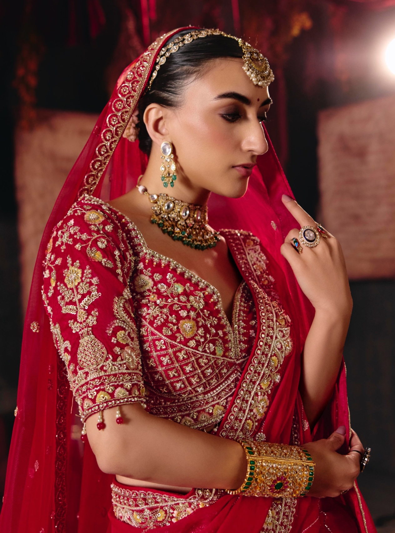 Red Heritage Silk Panelled Lehenga Choli