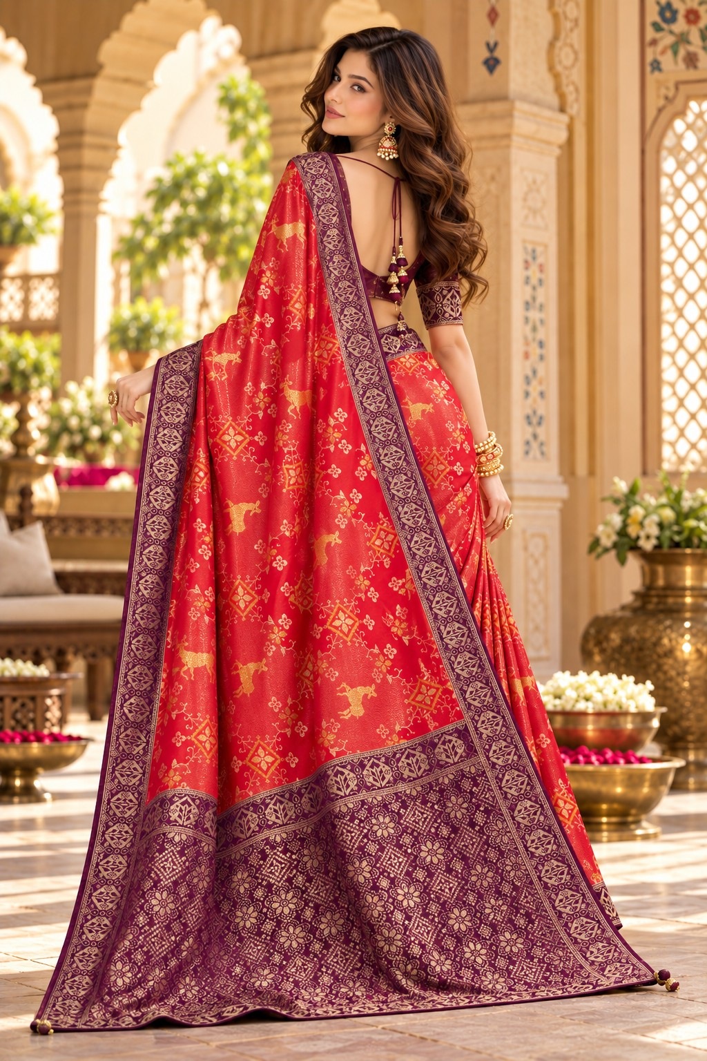 Red Heritage Woven Work Satin Tissue Saree — alternate view