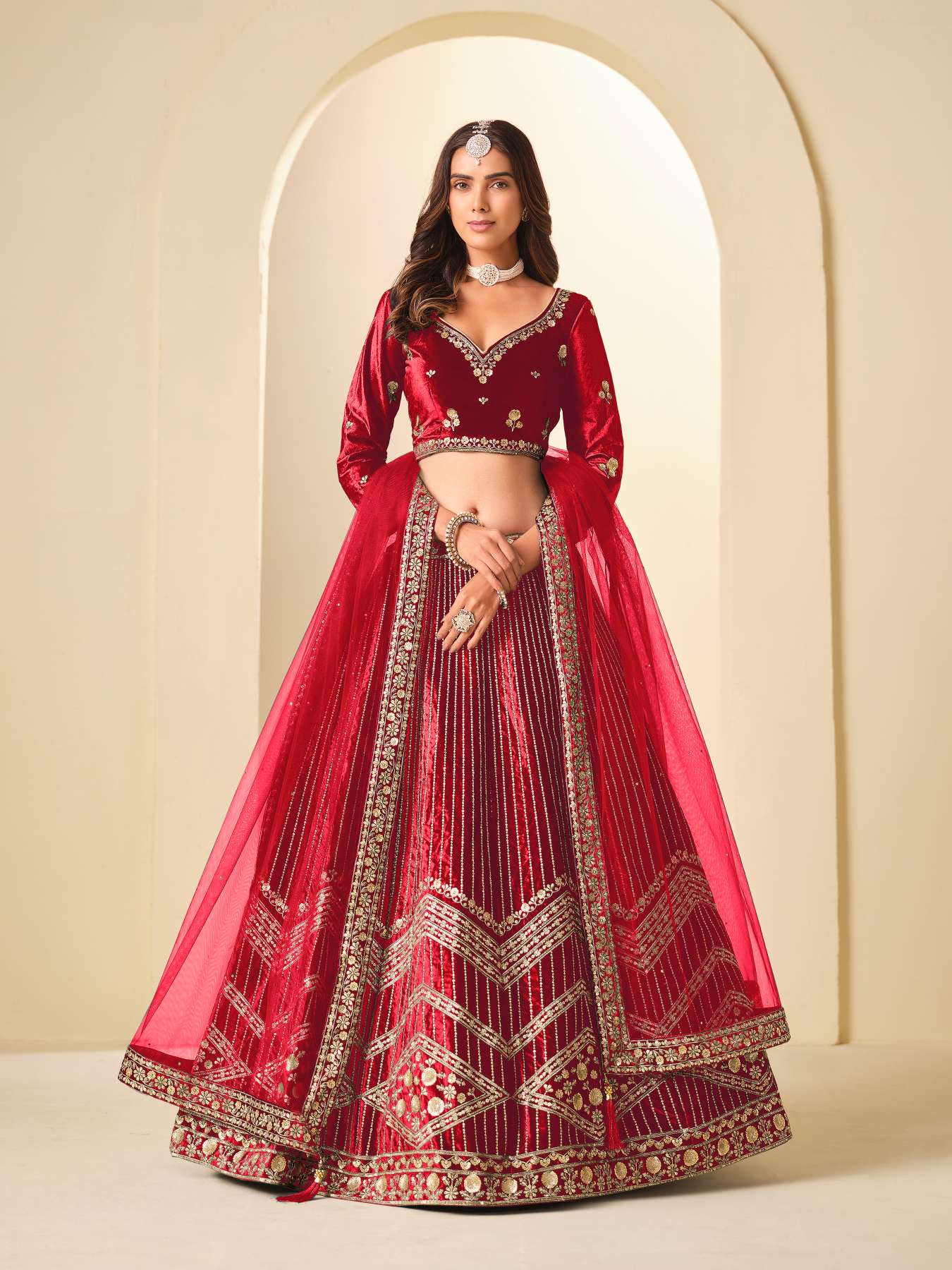 Red Ice Velvet Printed and Embroidered Lehenga Choli