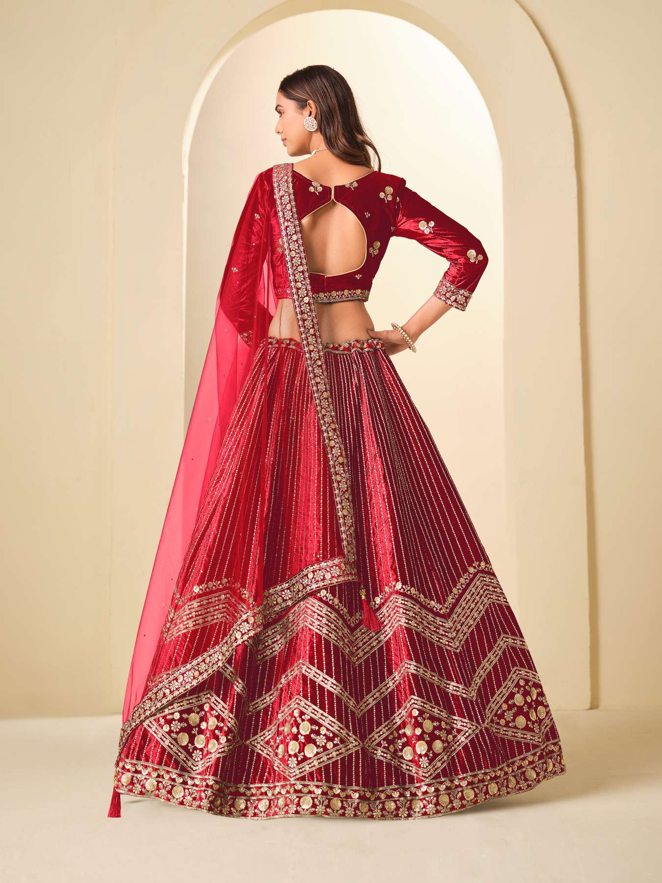 Red Ice Velvet Printed and Embroidered Lehenga Choli — alternate view