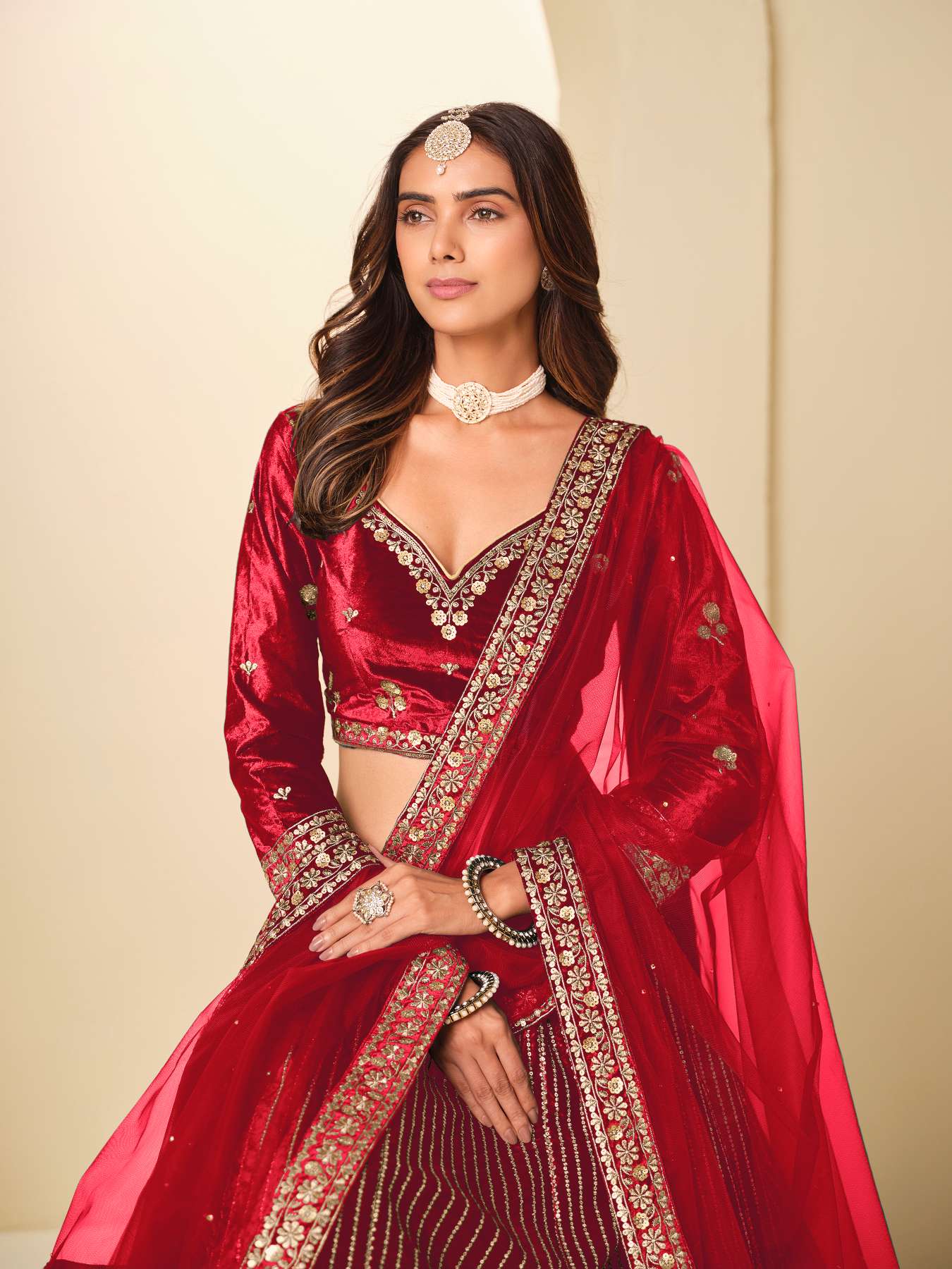 Red Ice Velvet Printed and Embroidered Lehenga Choli