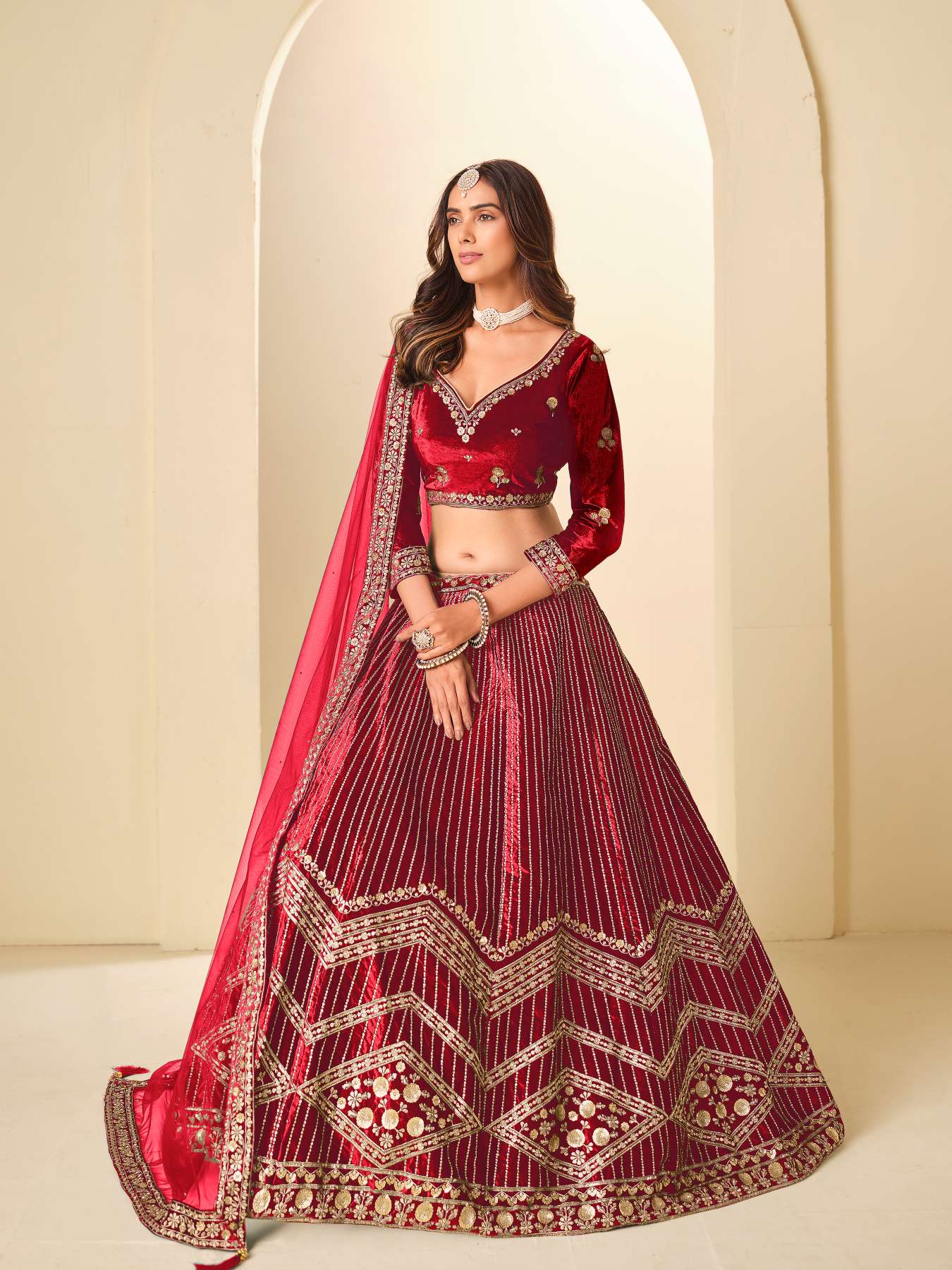 Red Ice Velvet Printed and Embroidered Lehenga Choli
