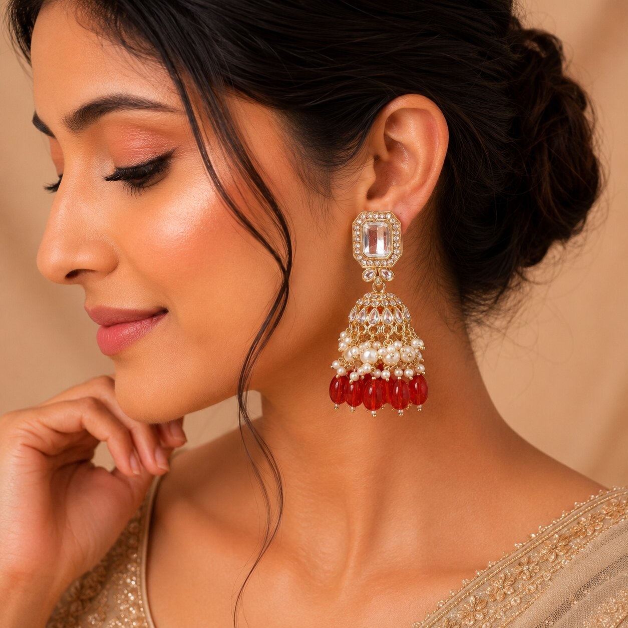 Red Kundan Pearl Jhumka Earrings