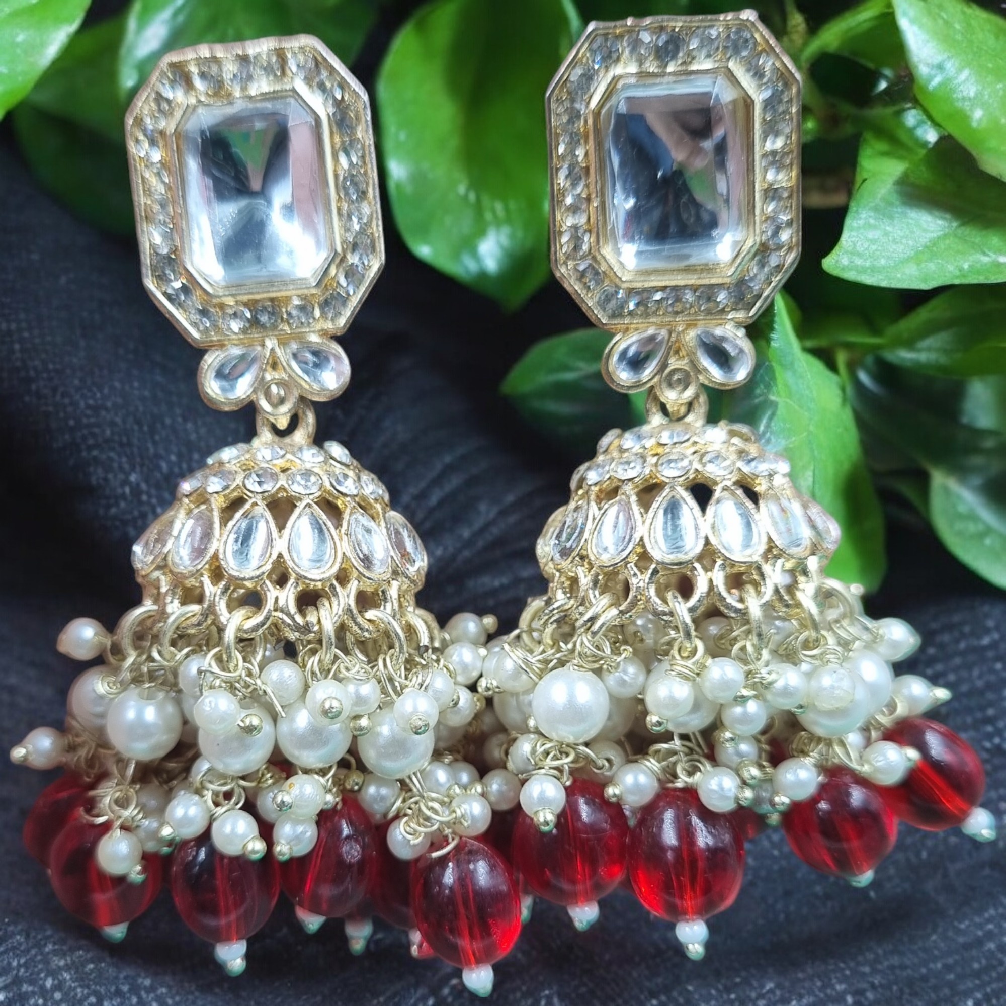 Red Kundan Pearl Jhumka Earrings