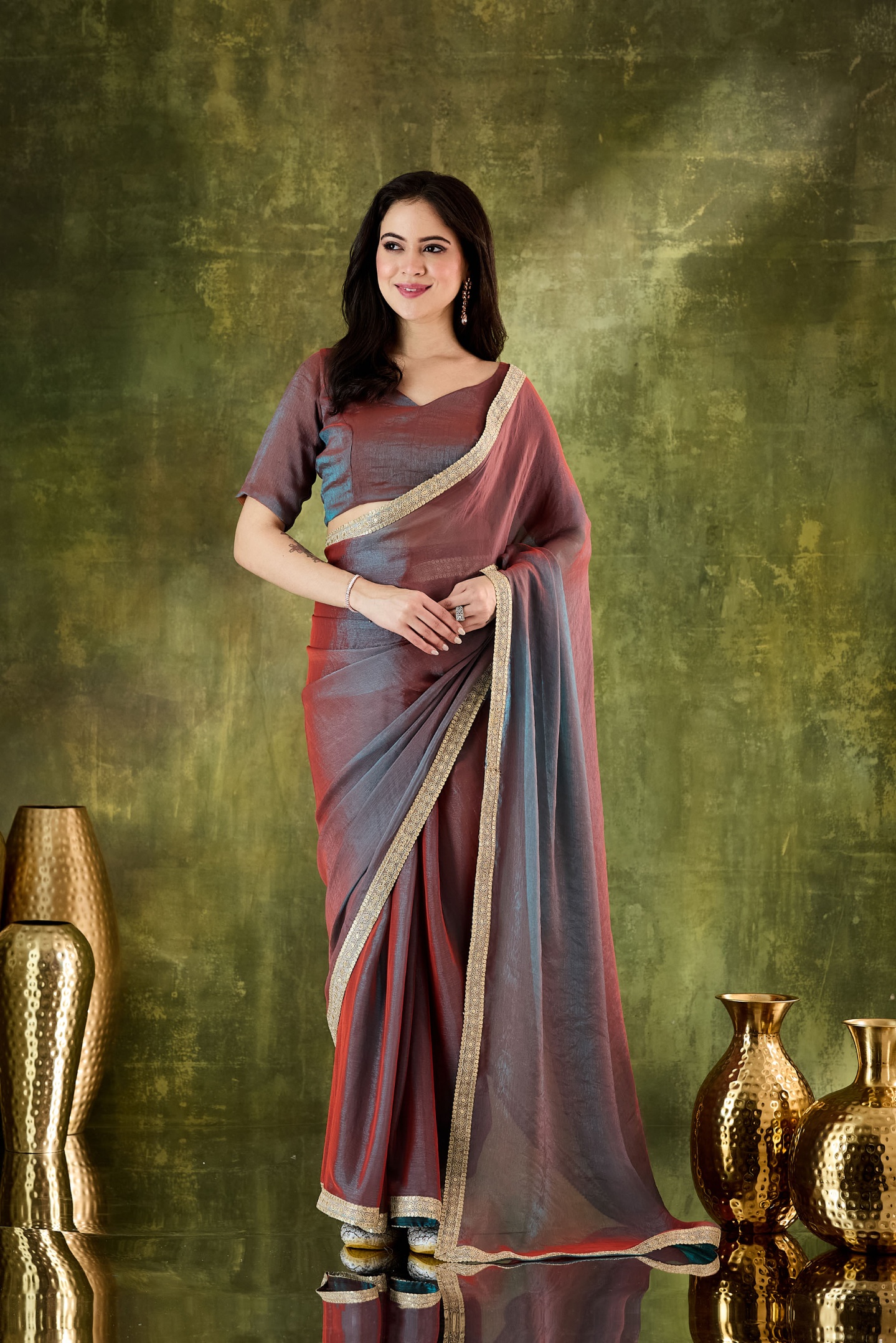 Red Lace Silk Blend Ready To Wear Saree