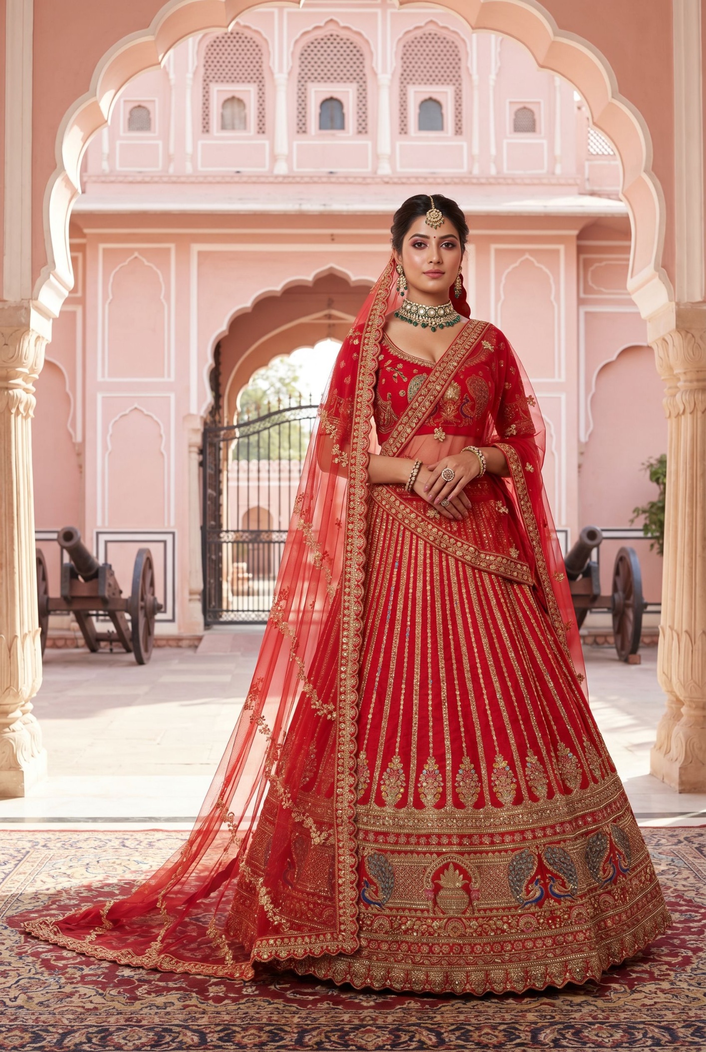 Red Linear Embroidered Silk Lehenga