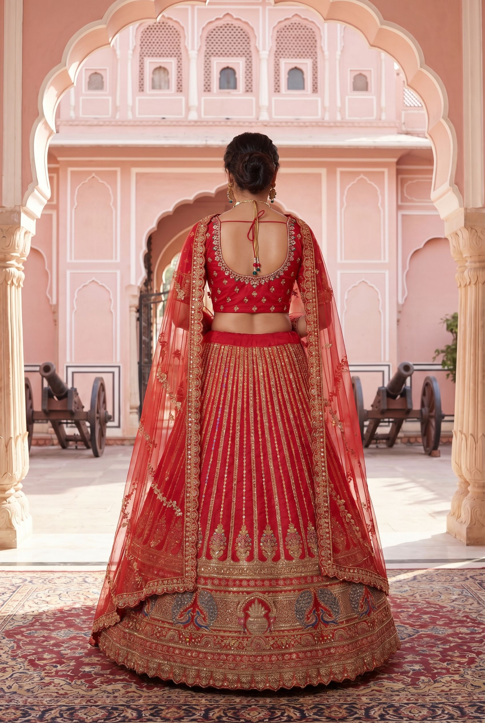 Red Linear Embroidered Silk Lehenga — alternate view