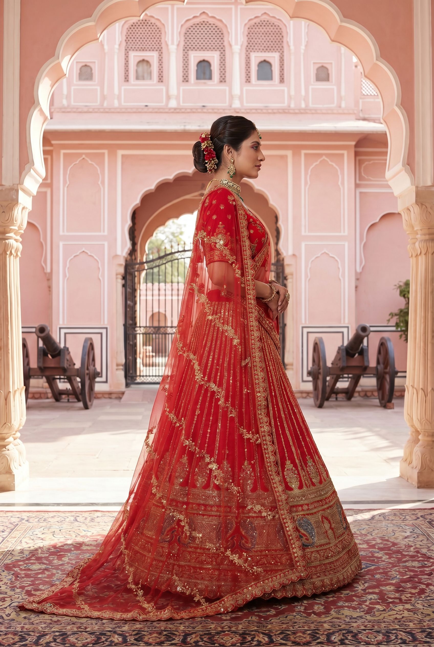 Red Linear Embroidered Silk Lehenga