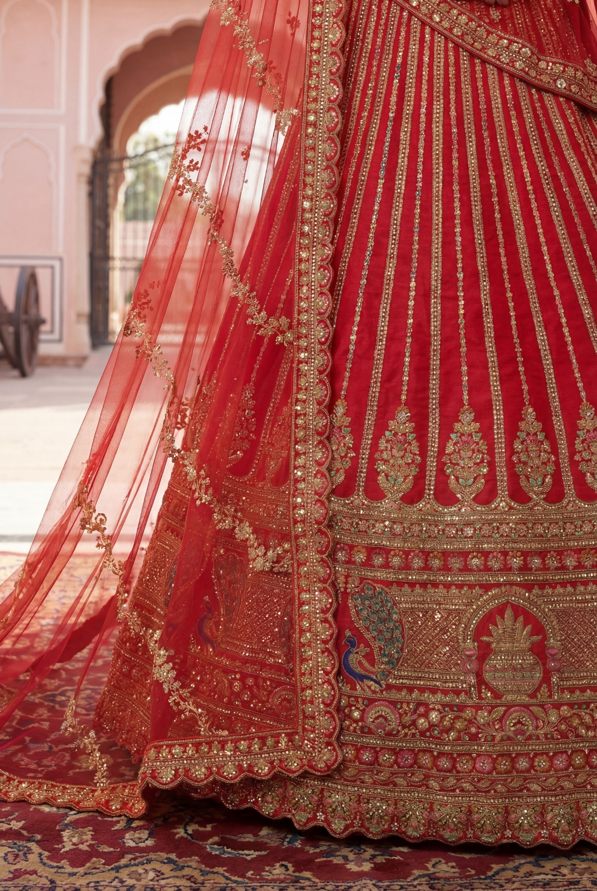 Red Linear Embroidered Silk Lehenga