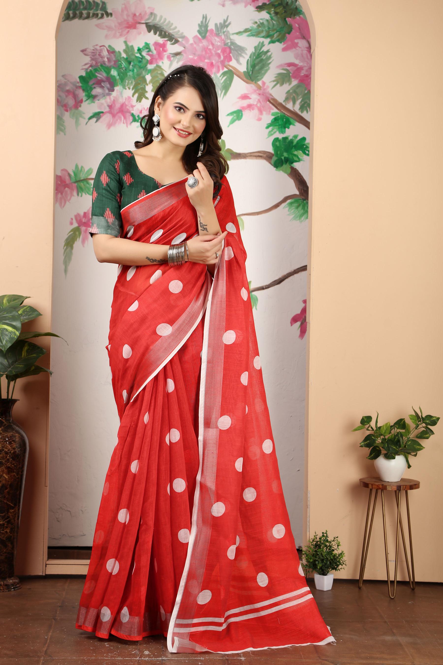 Red Linen Cotton Saree