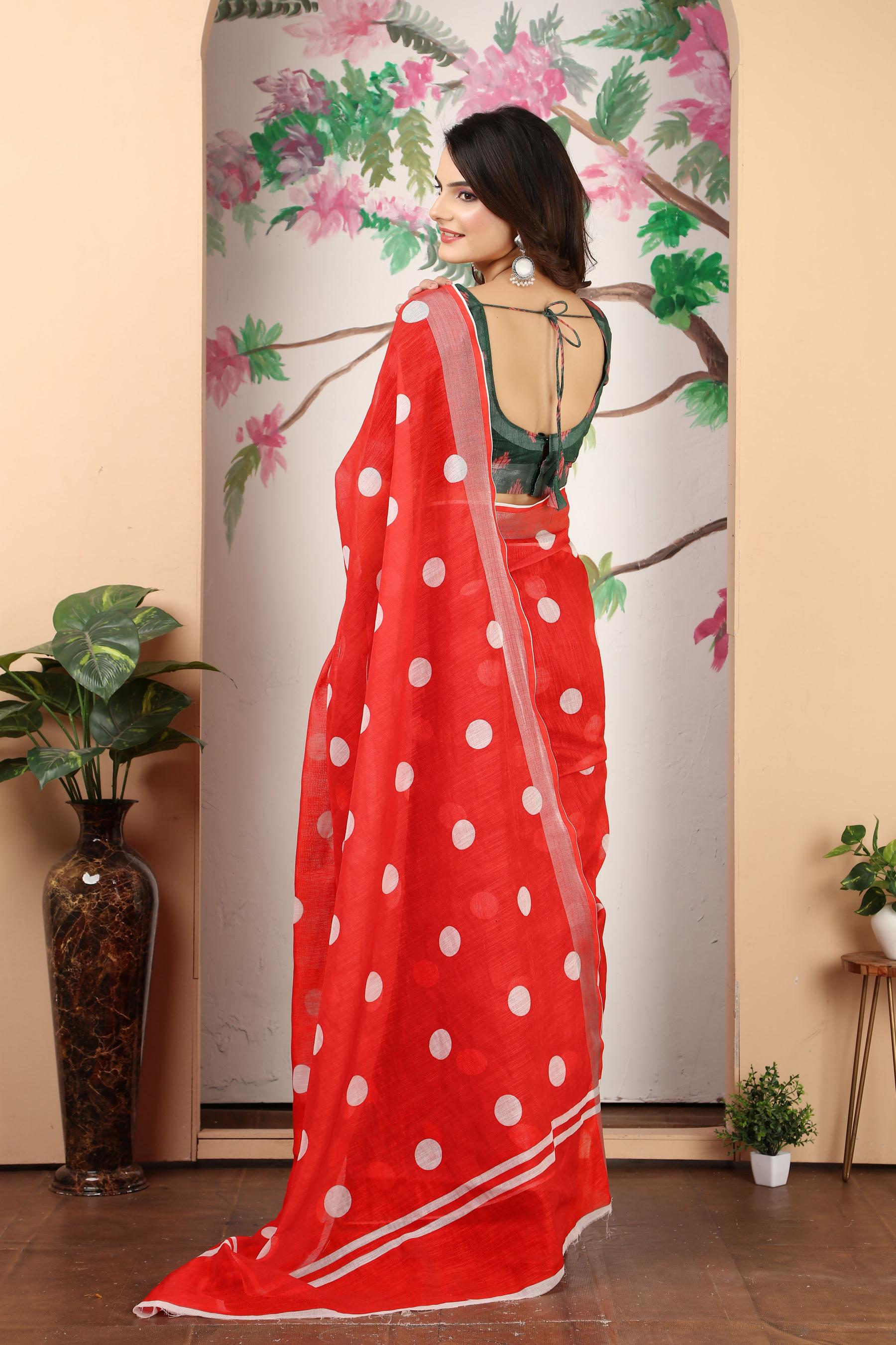 Red Linen Cotton Saree — alternate view