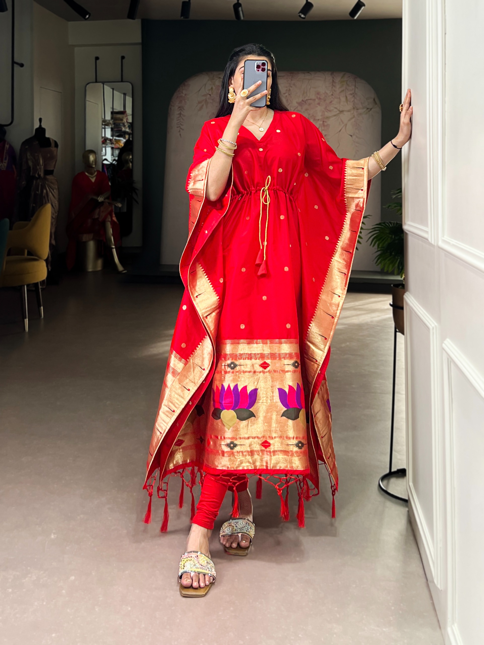 Red Lotus Border Paithani Soft Silk Kaftaan