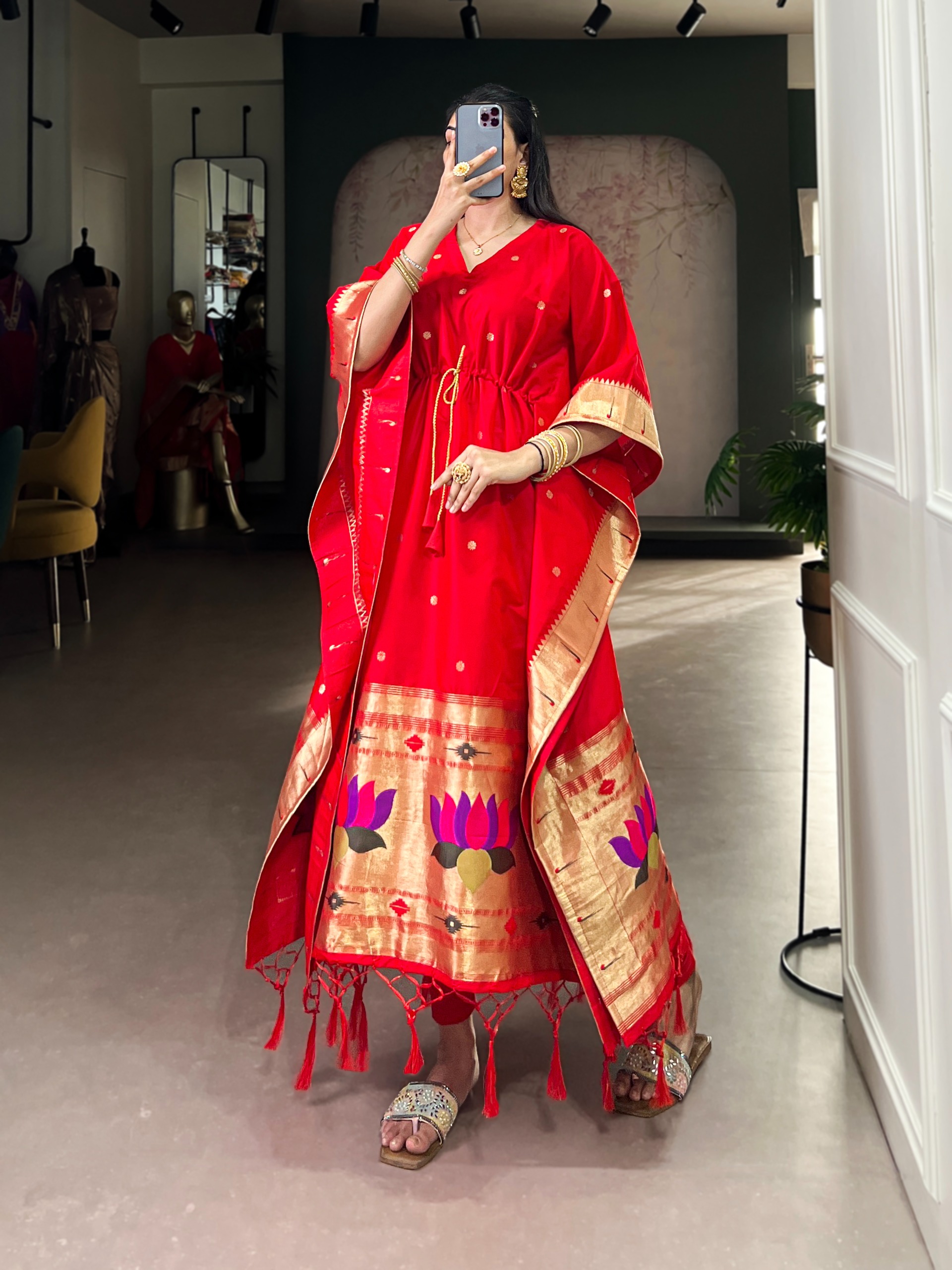 Red Lotus Border Paithani Soft Silk Kaftaan