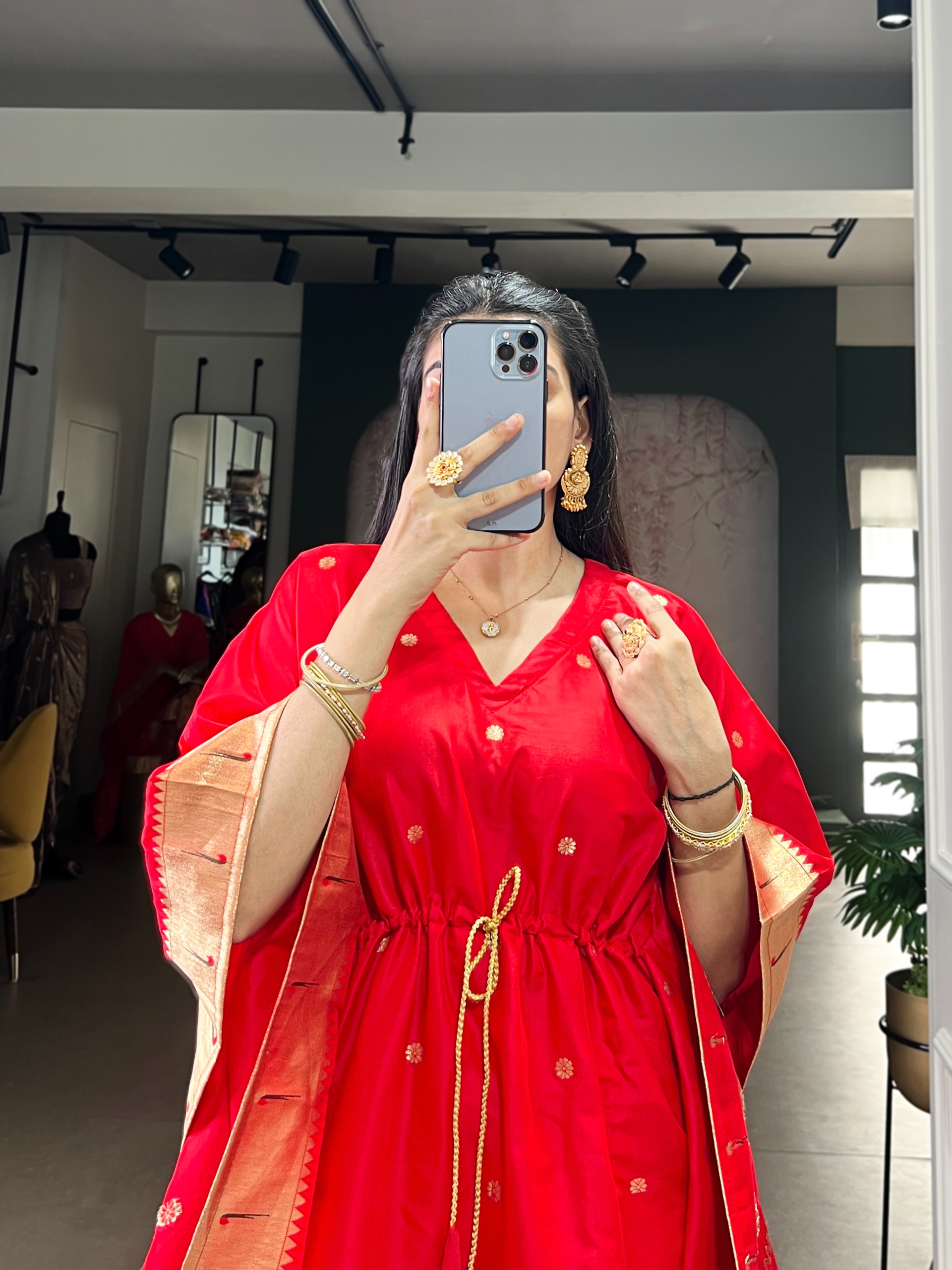 Red Lotus Border Paithani Soft Silk Kaftaan