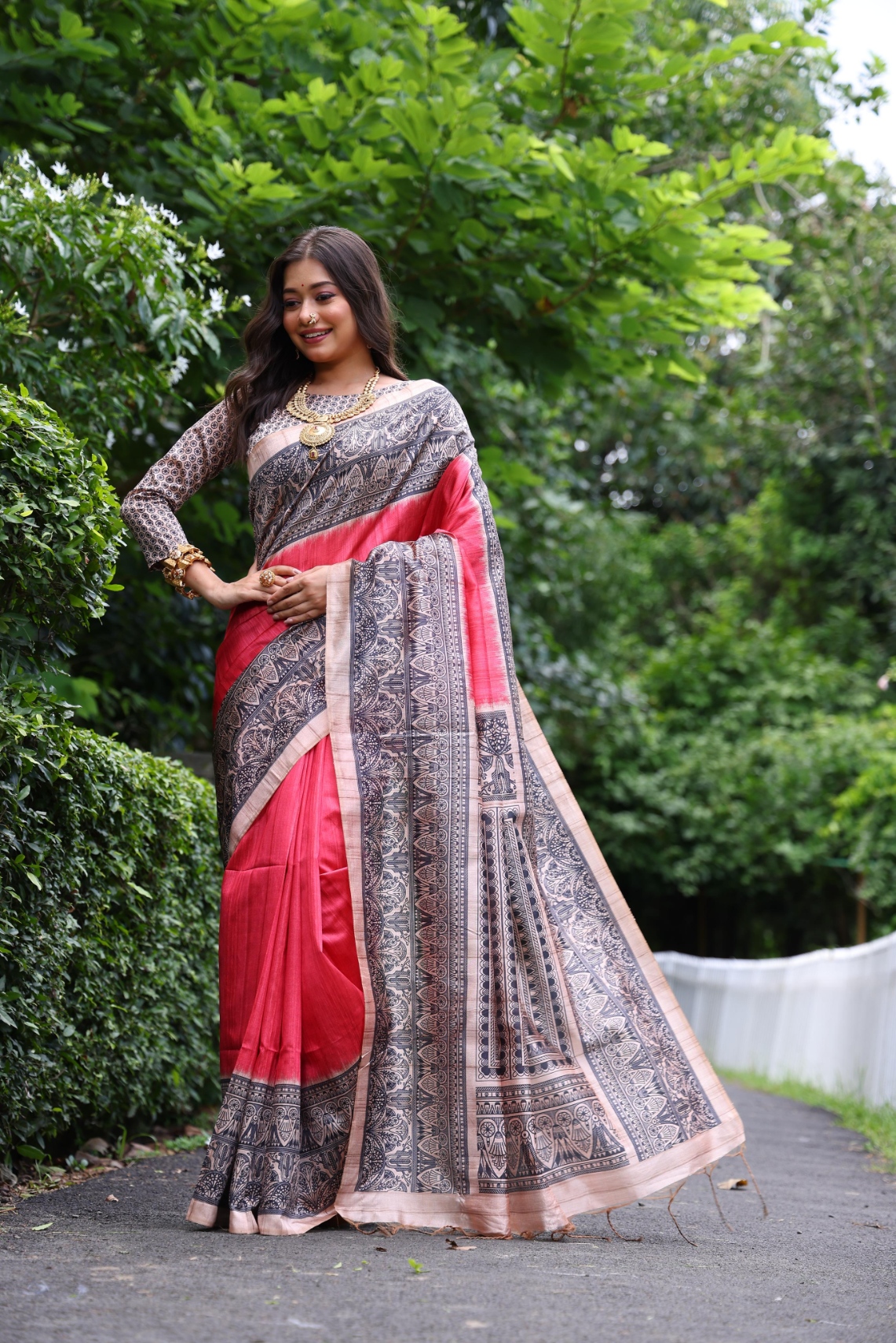 Red Madhubani Printed Tussar Silk Saree