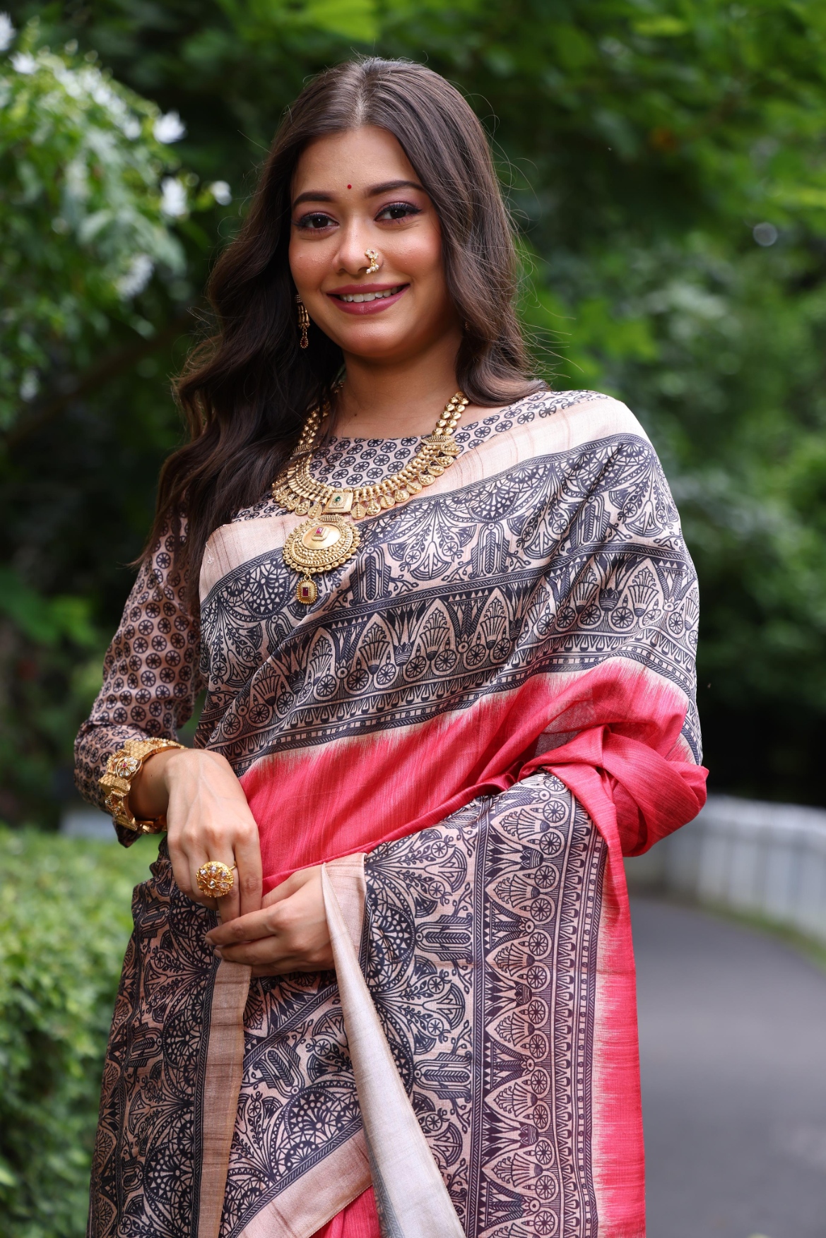 Red Madhubani Printed Tussar Silk Saree — alternate view