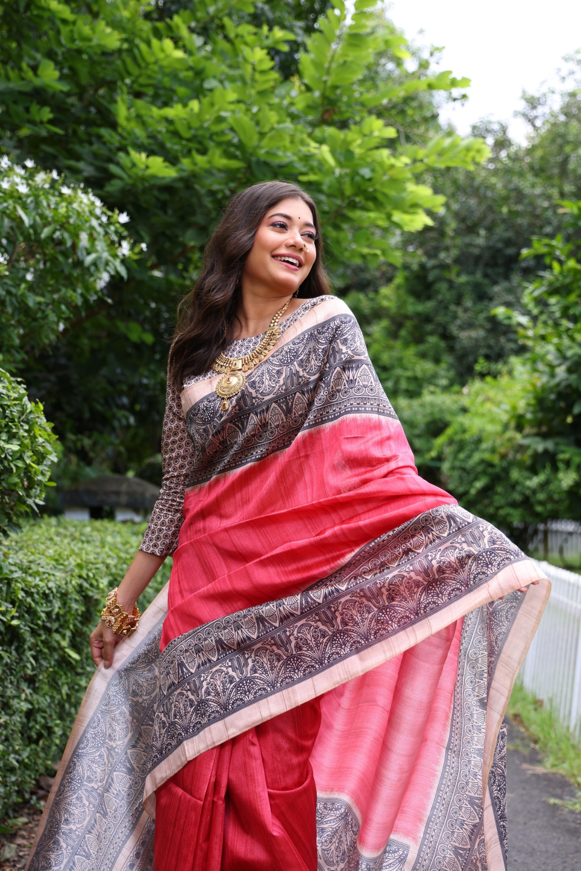Red Madhubani Printed Tussar Silk Saree