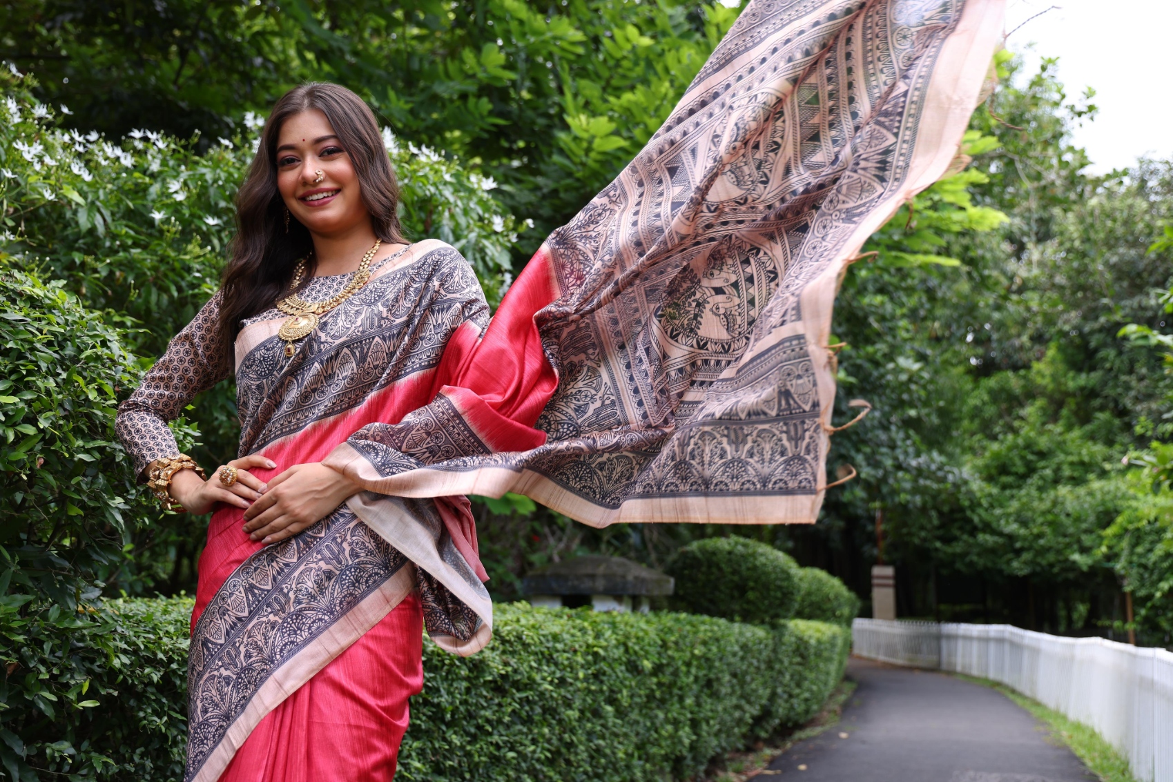 Red Madhubani Printed Tussar Silk Saree