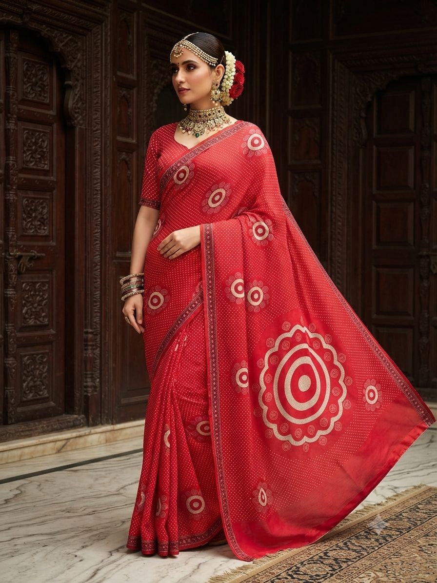 Red Mandala Printed Crepe Silk Saree