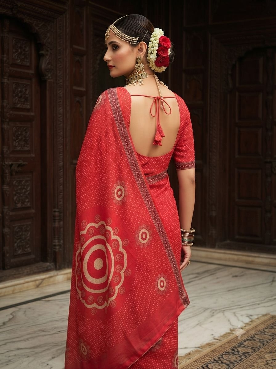 Red Mandala Printed Crepe Silk Saree — alternate view
