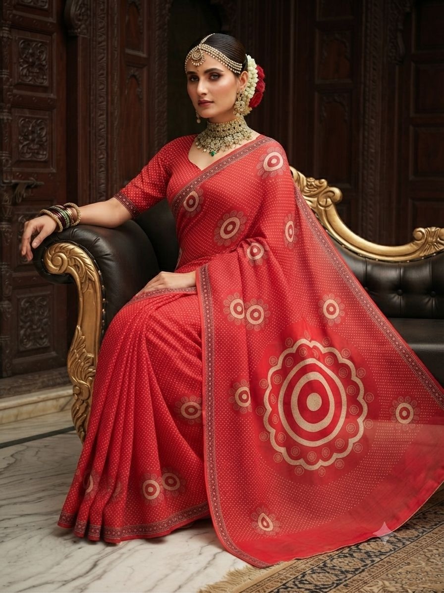 Red Mandala Printed Crepe Silk Saree