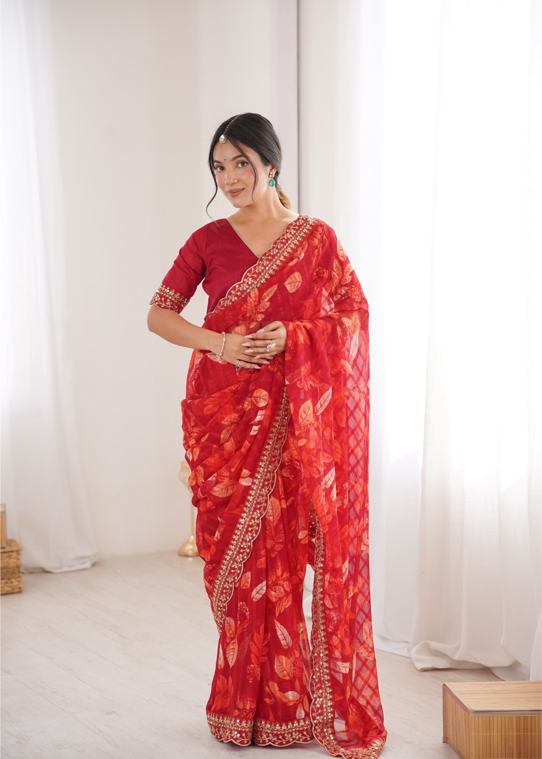 Red Marble Patta Printed Embroidered Saree