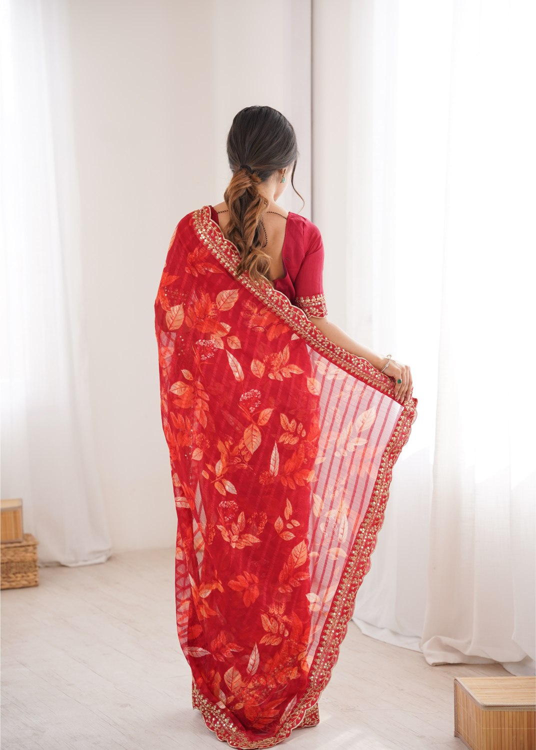 Red Marble Patta Printed Embroidered Saree — alternate view