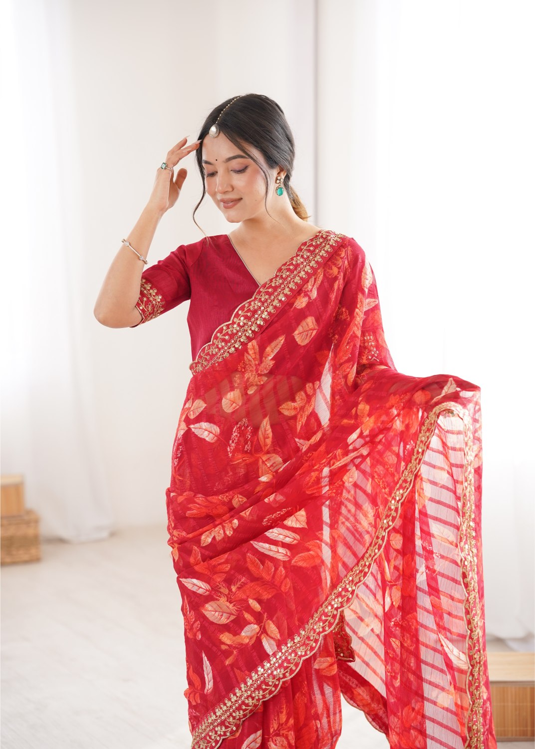 Red Marble Patta Printed Embroidered Saree