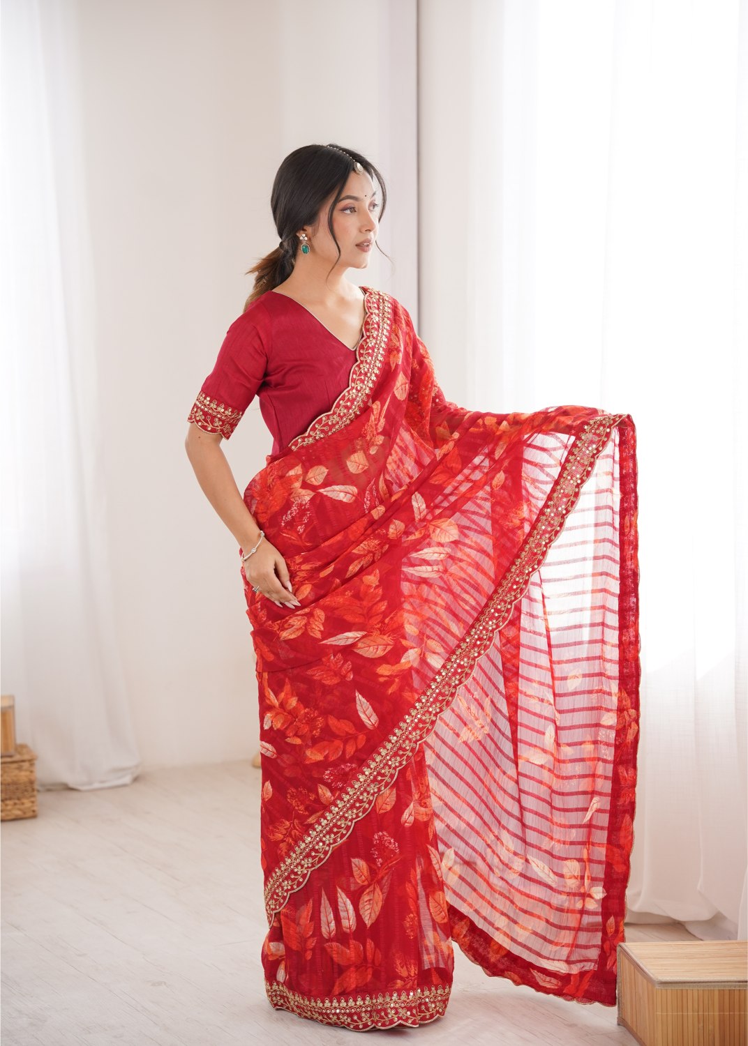 Red Marble Patta Printed Embroidered Saree