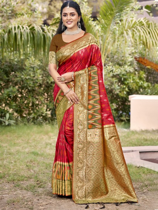 Red Mehendi Pochampalli Silk Saree