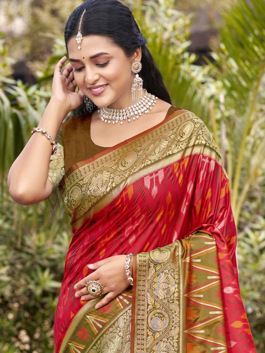 Red Mehendi Pochampalli Silk Saree — alternate view