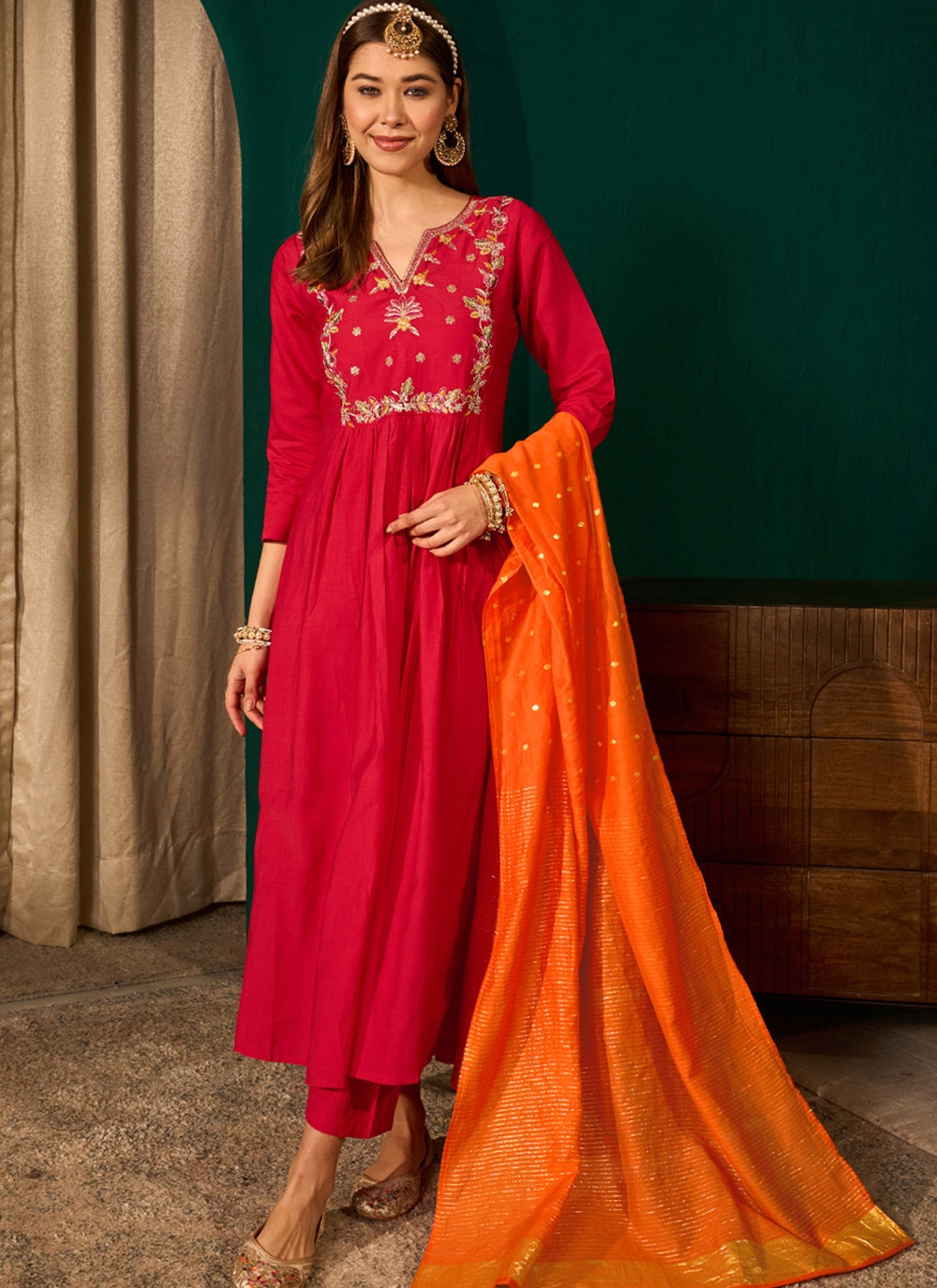 Red Minimal Buti Embroidery Silk Slub Salwar Suit