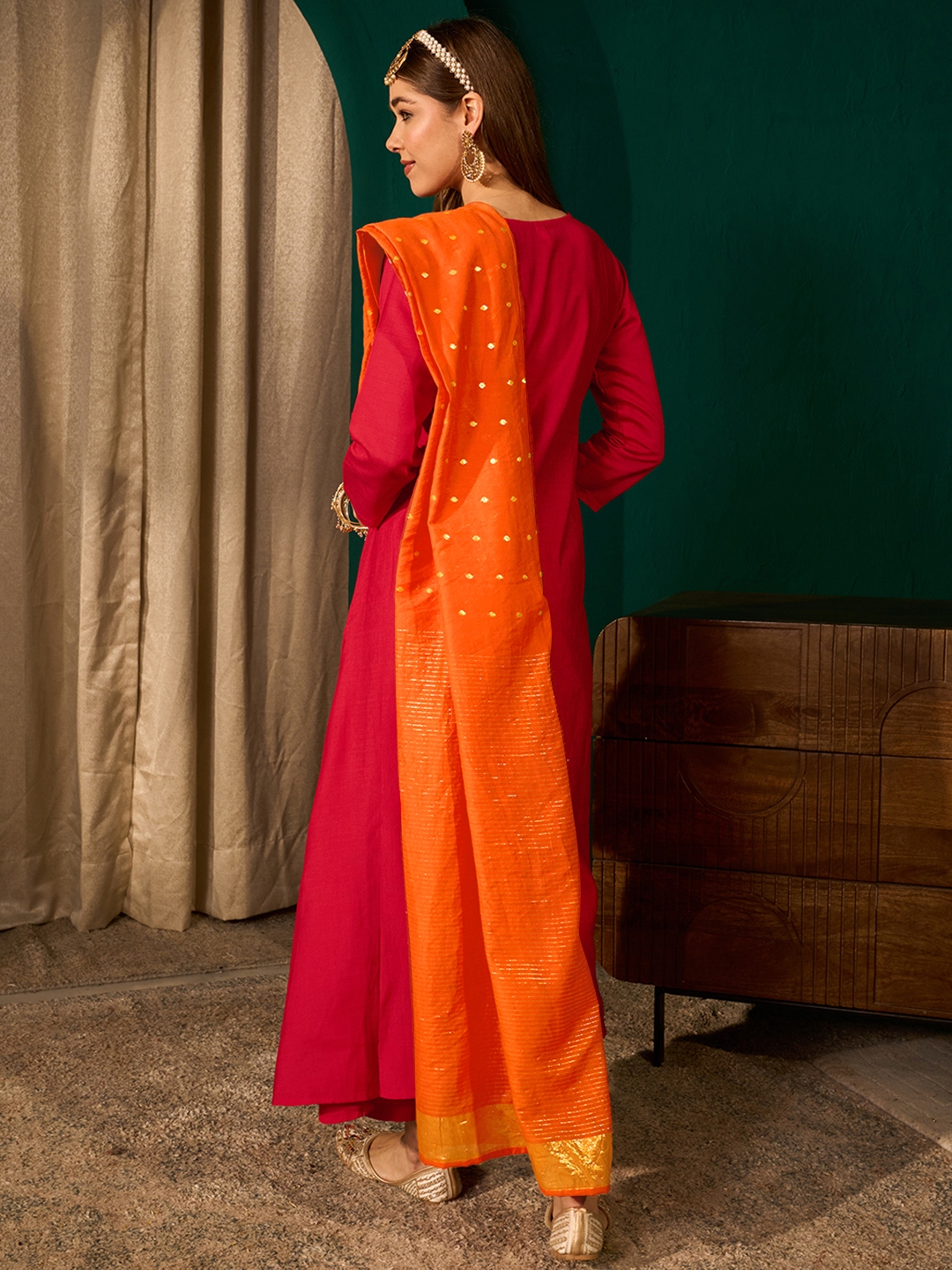 Red Minimal Buti Embroidery Silk Slub Salwar Suit — alternate view