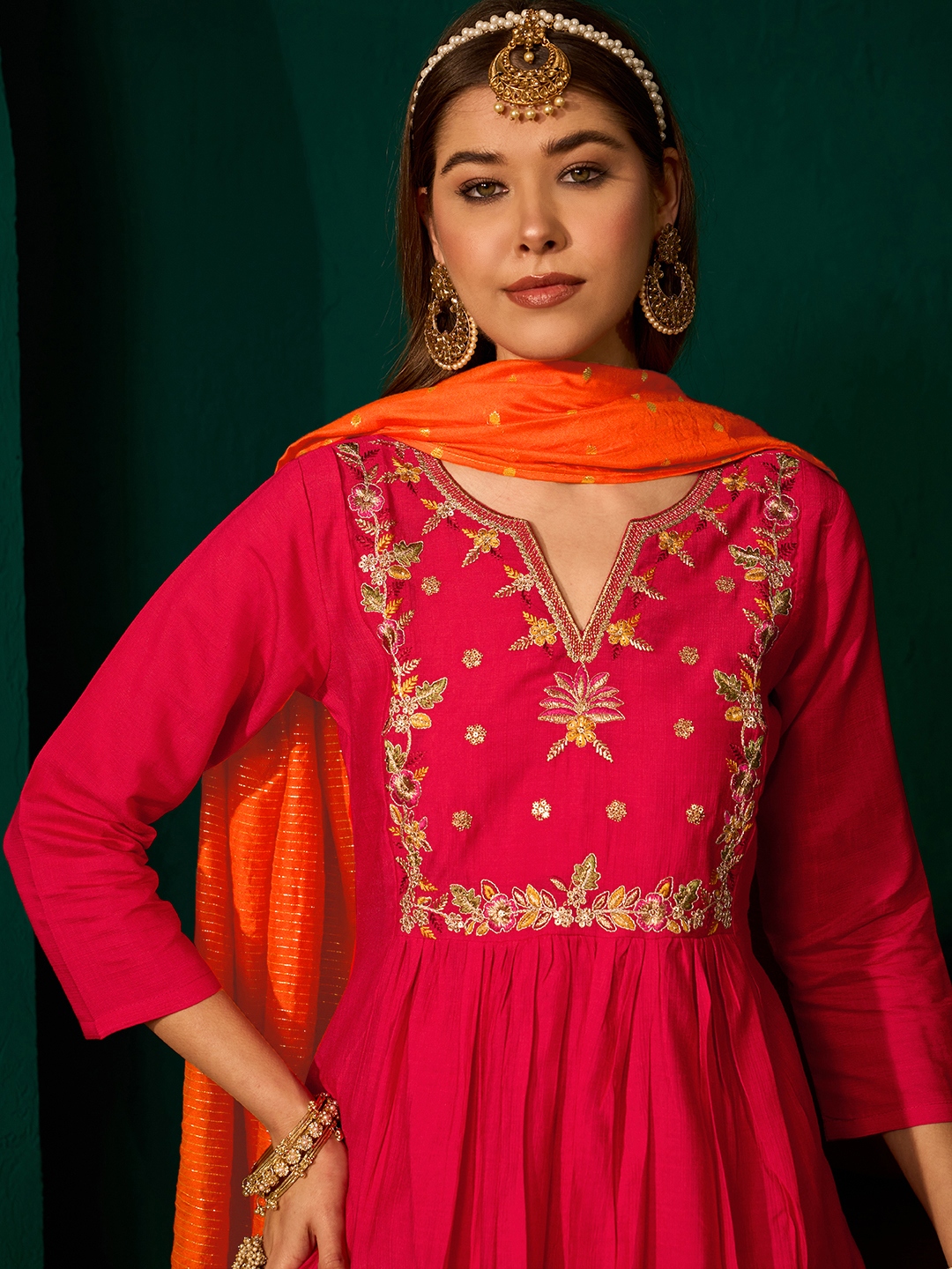 Red Minimal Buti Embroidery Silk Slub Salwar Suit