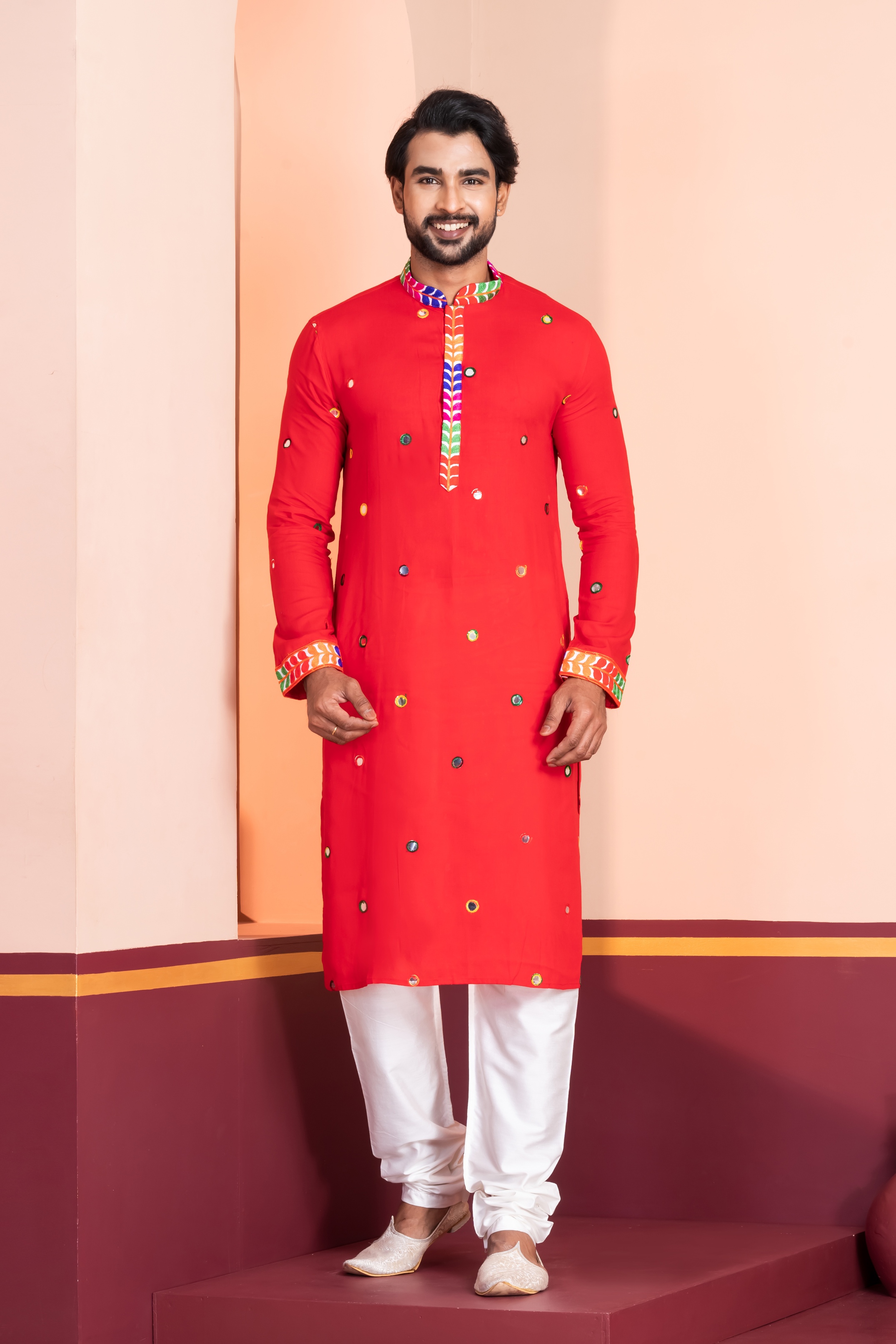 Red Mirror Rayon Kurta