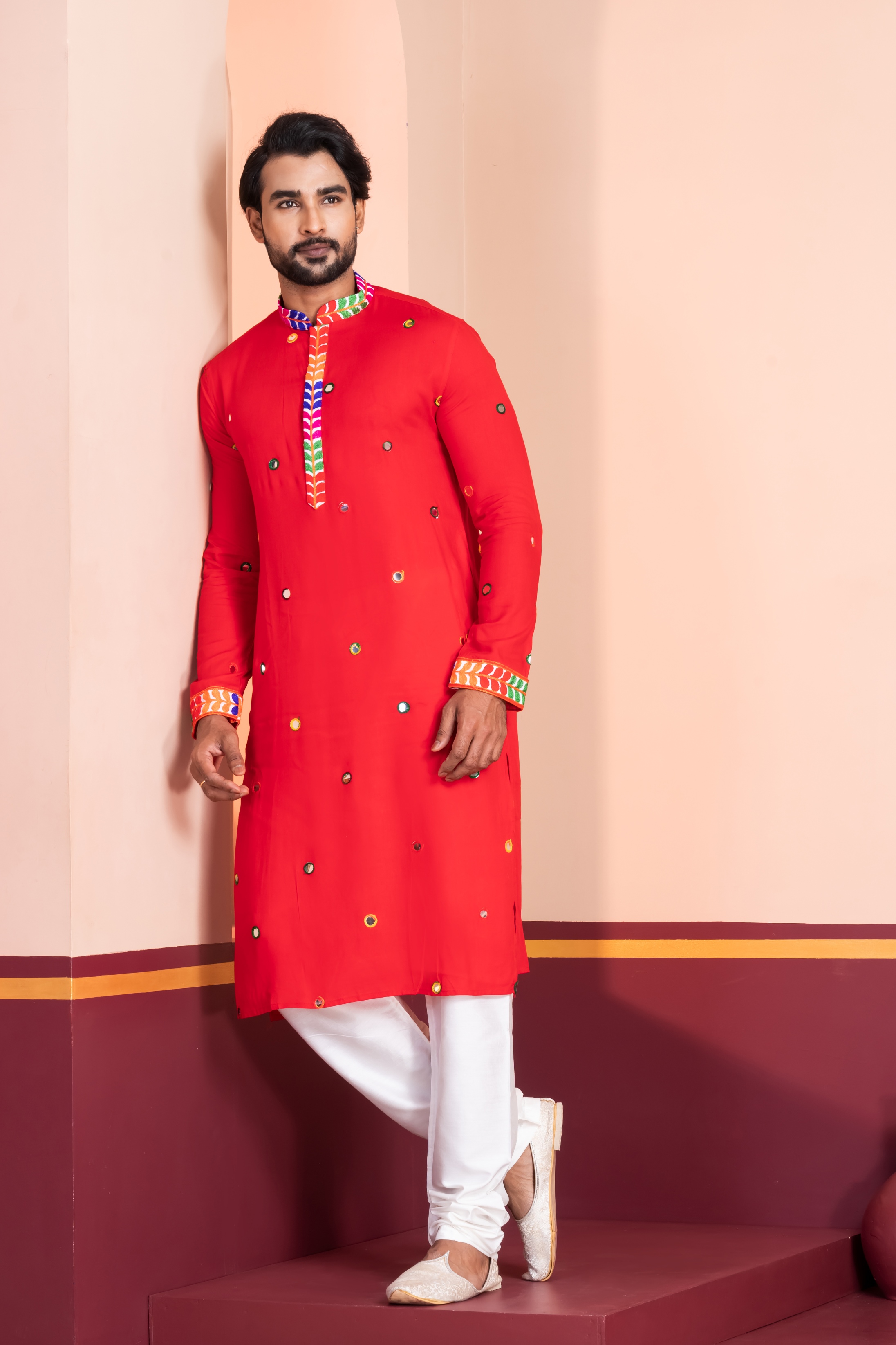Red Mirror Rayon Kurta