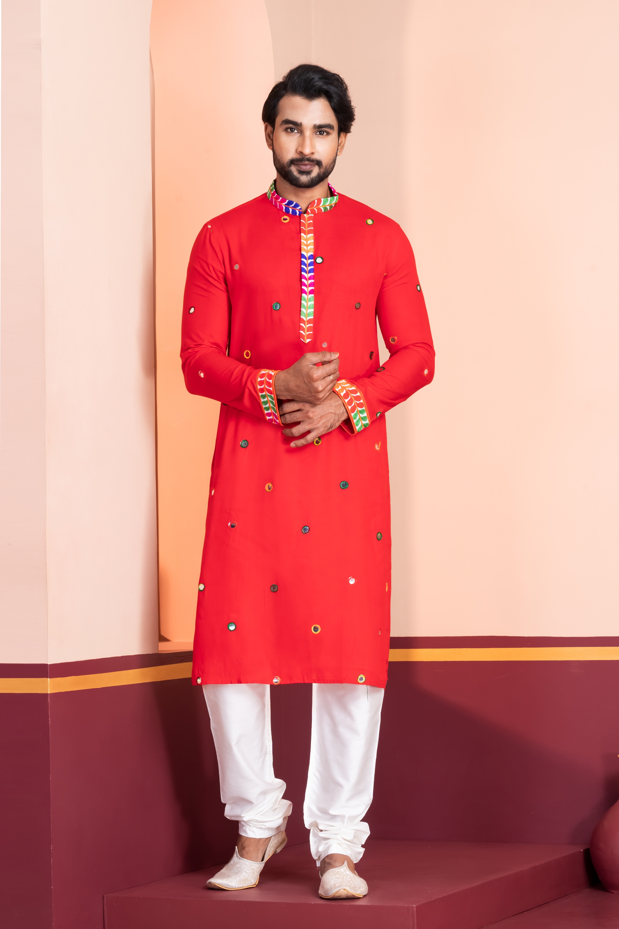 Red Mirror Rayon Kurta