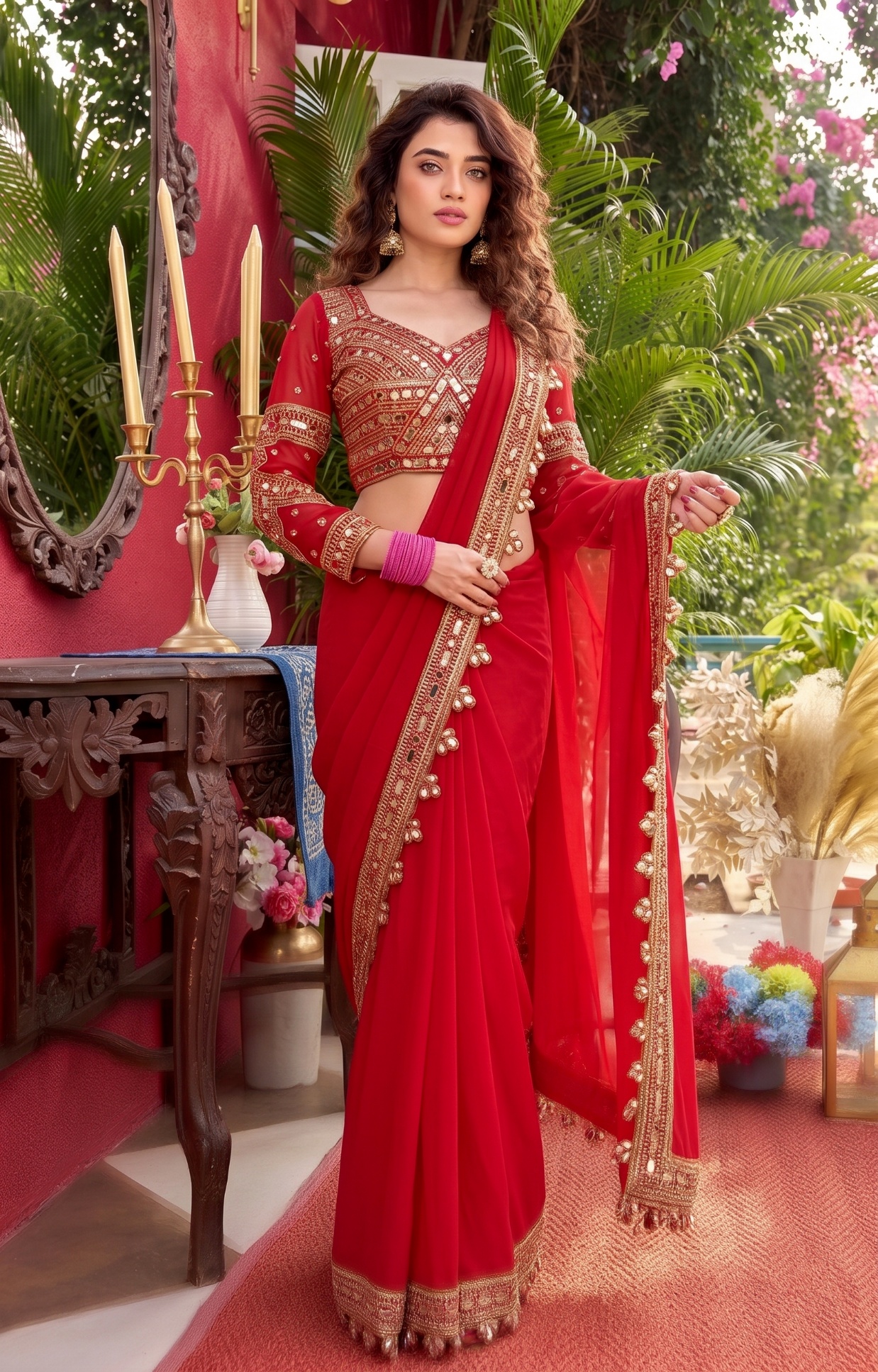 Red Mirror Work Faux Georgette Ready-to-Wear Saree