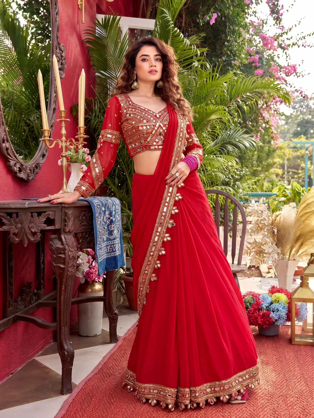 Red Mirror Work Faux Georgette Ready-to-Wear Saree — alternate view