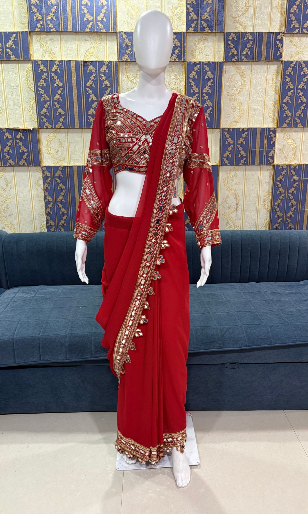 Red Mirror Work Faux Georgette Ready-to-Wear Saree