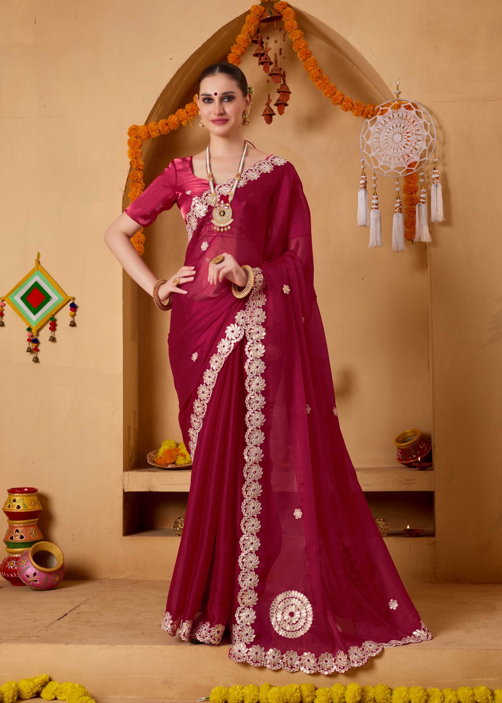 Red Mirror Work Tissue Ready To Wear Saree